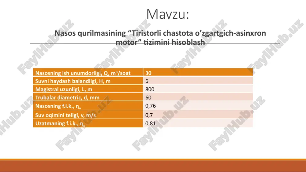 atelni elektromagnit quvvati p12 = p2/(1-s) = p2(ω0/ω)=0,464(157/109,95)=0,825 (kvt) dvigatelning rotor zanjiridagi quvvat isrofi δp2 = p12 - p2 =0,825-0,464=0,361 (kvt) dvigatelning rotor zanjiridagi maxsimal quvvat isroflari δp2max = (4/27) ph (ω0/ωh)=(4/27)1,1(157/146,6)=0,2 (kvt) demak quvvat isrofining maxsimal qiymati tezlik ωmax = (2/3)ω0 bo‘ganda bo‘lar ekan. shunday qilib xulosa qilish mumkinki, elektr yo‘li bilan nasosning ish q unumdorligini rostlanganda maxsimal quvvat isroflari 2 barobar kam bo‘lar ekan. 9 ”tiristorli chastota o’zgartgich – asinxron motor” tizimilari tavsiflarini hisoblash. “tiristorli chastota o’zgartgich – asinxron dvigatel” (tcho’-ad) tizimidagi asnxron elektr yuritmani mexanik xarakteristikalarini hisoblash dvigatel parametrlari bo’yicha bajariladi ph =1,1 kvt; nn=1500 ayl/min; uh =380 v; ih =4,7 a, mp/mn = 2 ; mk/mn = 2,2 ; mmin/mn = 1,6 ; ip/ih =5 . qarshiliklar, nisbiy birliklarda: magnitlanish konturi - ẋμ =1,7 nominal rejimda stator chulg’ami - ṙ1 =0,12 ẋ1 = 0,078; nominal rejimda rotor chulg’ami - ṙ2 =0,068 ; ẋ2 =0,12 ; qisqa …