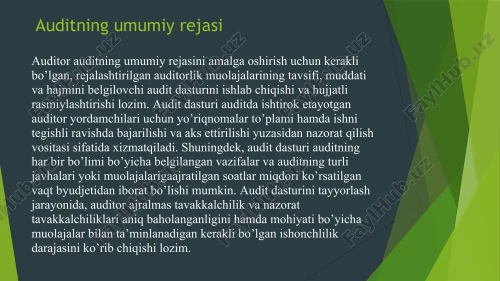 tda bo’lmasada, unda jiddiy buzilishlar mavjudligini e'tirof etish ehtimolidir.”. faraz qilaylik, agar auditor salbiy xulosa bersa yoki xulosa berishdan voz kechsa o’zini xavf-xatargaga qo’ymasligi mumkin. ammo bu noto’g’ri fikr, chunonchi, auditor uchun bu holda mijozlarni yo’qotish xavfi vujudga keladi. bundan tashqari, auditor har qanday, hatto, mijozkorxona moliyaviy hisobotini to’liq tasdiqlaydigan xulosa berganida ham, u shartnoma majburiyatlari bilan bog’liq xavf-xatarni o’z zimmasiga oladi.auditorlik faoliyatida uchraydigan bunday xavf-xatarlar yigindisini keyinchalaik auditorlik risklarning maqbul to’plami deyish mumkin. . ma'lumki, har qanday malakali va puxta o’tkazilgan auditorlik tekshiruvi ham auditorlik riskini to’liq bartaraf eta olmaydi. shuninguchun auditorlik amaliyotida uning maqbul chegarasi 5% deb qabul qilingan. ya'ni, auditorlik tashkiloti tomonidan berilgan yuzta auditorlik xulosasidan beshtasi munozarali masalalar bo’yicha noto’g’ri xulosalar bo’lishi mumkin. bunday risk ya'ni, 5% miqdorida noto’g’ri xulosa berish ehtimoli auditorlik tashkiloti uchun jiddiy hisoblanmaydi va uning raqobatbardoshligini pasaytirmaydi. aksincha, bu ko’rsatkich (5%) ni yanada pasaytirishga urinish behuda kuch va mablag sarflashga olib keladi …