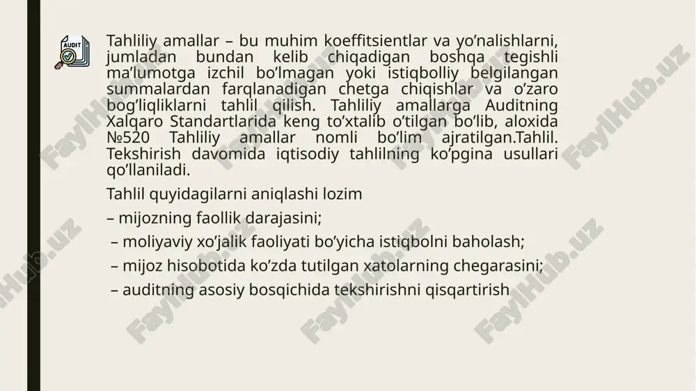 vchi sub’ekt faoliyatini o’rganish moliyaviy hisobot buzilishi faktlarini aniqlash mufassal auditorlik tadbirlari sonini qisqartirish yuzaga kelgan savollarga javob olish maqsadida testdan o’tkazishni ta’minlash asoslanishi mumkin. auditning muayyan maqsadiga erishish uchun qanday amallardan foydalanish lozimligi, moliyaviy hisobotning aniq belgilangan tasdiqlari yuzasidan aniqlab bo’lmaslik tavakkalchiligini pasaytirishga oid mavjud bo’lgan amallarning samaradorligi va oqilonaligi to’g’risida auditorning mulohazasiga asoslanadi. tahliliy amallarni qo’llash uchun kerakli bo’lgan mavjud ma’lumot va uning ishonchligi va sub’ekt tomonidan bajarilgan har qanday amallar natijasi to’g’risida, odatda, auditor sub’ekt rahbariyatiga so’rovnoma bilan murojat qiladi. balki, sub’ekt tomonidan tayyorlangan tahliliy ko’rsatkichlardan foydalanish, agar auditor ular tegishli ravishda tayyorlanganligiga ishonch hosil qilsa, oqilona bo’lishi mumkin. auditor tahliliy amallarni audit yakunlanishida yoki yakunlanishiga yaqin qolganda, moliyaviy hisobot auditor tomonidan biznesni bilishga muvofiq ekanligi yuzasidan umumiy hulosa shakllantirish jarayonida qo’llashi lozim. bunday amallar natijalariga ko’ra qilingan xulosalar moliyaviy hisobotning alohida tarkibiy qismlari yoki elementlarini audit qilish paytida shakllantirilgan xulosalarni tasdiqlash uchun mo’ljallangan va moliyaviy hisobot …