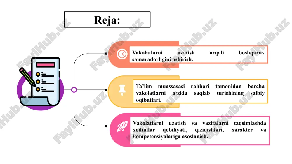 i va javobgarliklarini boshqalarga taqsimlab , samarali ishlashni ta’minlash jarayonidir . 1.3 1.4 2.1. resurslarga asoslangan taqsimlash 2.2. mutaxassislikka mos taqsimlash 2.4. komandada ishlash 2.3. vaqt va prioritizatsiya 2.5. o‘zgarishlar va moslashuvchanlik 2. vazifalarni taqsimlash 3. vakolat va vazifa taqsimlashning afzalliklari samarali boshqaruv vazifalarni taqsimlash va vakolatlarni uzatish maktabda resurslardan samarali foydalanish imkonini beradi . stressni kamaytirish agar boshqaruvchining barcha vazifalari bir o‘zida bo‘lsa , stress va charchoqni keltirib chiqarishi mumkin . vakolatlarni taqsimlash bu holatni oldini oladi . jamoa va ish muhitini mustahkamlash xodimlarning o‘zaro hamkorligi va mas’uliyatni bo‘lishish ish muhitini yaxshilaydi . ma’lumotlar oqimini yaxshilash ma’lum bir vazifaga mas’ul bo‘lgan shaxslar bir-biriga ma’lumotlar taqdim etib , boshqaruvning aniq va samarali bo‘lishini ta’minlaydi . rahbar uslublariga qarab vakolatlarning taqsimlanishi . parametrlari avtoritar uslub demokratik uslub liberal uslub uslubning tabiati barcha hukumronlik va javobgarlikni yetakchining qoʻlida jamlanishi vakolatlarni asosiy jihatlarni yetakchida saqlab qolish bilan boshqaga topshirilishi yetakchi tomonidan javobgarlikni oʻzidan …