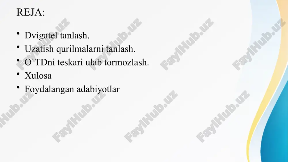 0 / 9,55=104.6 [ rad/sek ] salt ishlash aylanish tezligi aniqlanadi: n0 = n0 *9,55 =9,55 * 111.57=1065 [ rad/sek ] nominal moment hisoblanadi: mh = =105 nm dvigatelning tabiiy mexanik xarakteristikasi 2ta nuqta koordinatlari bo’yicha quriladi: “a” nuqta: ω0 va m = 0; “b” nuqta: ωo va mh ketma ket qo’zg’atishli o’tdni tabiiy va sun’iy mexanik xarakteristikalari ketma-ket qo'zg'atishli dvigatelni ishga tushirish xarakteristikasini hisoblash va qurish. dvigatelni tabiiy xarakteristikalarini hisoblang va quring (amaliy ishga qarang). dvigatelni tabiiy xarakteristikasida imax va imin toklarga tegishli ikkita nuqtani belgilang, bunda imax =2ih =2*59.5=119 a ic =ih =const=59.5 imin =1.2 ic =1.2*59.5=71.4a deb oling. imax va imin toklarga mos qarshilikni hisoblang. r1=u/imax= 220/206=1.09 om r2=u/ imin =220/129=1.82 om pog'ona qarshilikning qiymatini aniqlash. rt1 = 0.87 om ; rt2 = 0.65om ; rt3= 0.43 om . reostat pog'onalarining qarshiliklari rp1=rd+rt1+rt2+rt3=0.079+0.84+0.62+0.33=1.81 om rp2=rd+rt2+rt3= 0.079+0.62+0.33=0.95 om rp3=rd+r=0.079+0.33=0.409 om ketma-ket qo'zg'atishli dvigatelni ishga tushirish xarakteristikasi o’zgarmas tok …