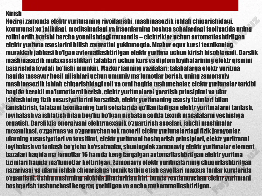 rish mumkin. bu maqsadda mexanik va gidravlik rostlash vositalaridan (variator, uzatish qutisi, gudromufta) foydalanish bugungi kunda texnik va iqtisodiy jixatdan o‘zini oqlamoqda. rostlanuvchi elektr yuritma deganda tezlik yoki momentni berilgan diapazonda silliq (ravon) va aniq rostlashni ta’minlaydigan elektr yuritma tushuniladi. biroq rostlanuvchi elektr yuritmaga talab bu bilan chegaralanmaydi. rostlanuvchi elektr yuritmani boshqarish tizimi shuningdek, tezlik moment va yuritmaning boshqa parametrlari o‘zgarganda o‘tkinchi jarayon boshlang‘ich xarakterini ta’minlash ham kerak. rostlashning tashqi konturlari elektr yuritmani xarakatini izoxlovchi o‘zgaruvchilarni aniqlaydi: tezlik va ishchi organ holatini. odatda bu rostlash konturlari yopiq bo‘ladi. ya’ni rostlanadigan parametrlar bilan teskari bog‘lanishga ega bo‘ladi. rasmda tezlikni rostlash yopiq konturli sxemasi keltirilgan. uω vaz – tezlik vazifalanishi; uω t.a – tezlik bo‘yicha teskari bog‘lanish signali; tr -tezlik rostlagichi, wtr(p) – tr uzatish funksiyali. kω – tezlik bo‘yicha teskari bog‘lanish koeffitsienti; weyu(p) – ichki rostlanish konturi bilan uzatma funksiyasi. kerakli tezlikning berilishi uvaz qo‘l bilan (ekskovator mashinisti, kran boshqaruvchisi, operator) …