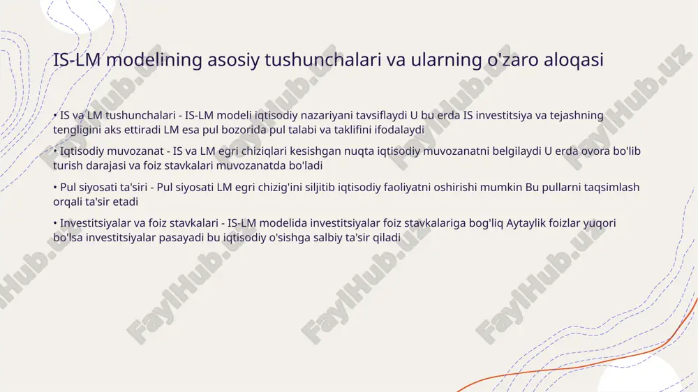 ta'sirini aks ettiradi. is egri chizig'i investitsiyalar va tejashlarni tasvirlaydi, lm esa pul ta'minoti va pul talabini ifodalaydi. • iqtisodiy shoklarga reaktsiya - iqtisodiy shoklar is-lm modeliga sezilarli ta'sir ko'rsatadi. misol uchun, talabning pasayishi is egri chizig'ini chap tomonga siljitadi va ishlab chiqarish kamayadi. is-lm modelida inflyatsiya va ishsizlik aloqasi • inflyatsiya ta'siri - is-lm modeli inflyatsiya darajasining iqtisodiy faoliyatga ta'sirini ko'rsatadi. inflyatsiyaning oshishi pulning xarid qobiliyatini pasaytiradi va iste'molni cheklaydi. • ishsizlik darajasi - ishsizlik darajasining oshishi iqtisodiy qiyinchiliklarni ko'rsatadi. bandlik darajasi pasayganida, inflyatsiyaga nisbatan bosim kamayadi. • o'zaro bog'liqlik - inflyatsiya va ishsizlik o'rtasidagi munosabat odatda teskari bo'ladi. inflyatsiya yuqori bo'lsa, ishsizlik darajasi past bo'ladi va aksincha. • siyosiy ta'sir - markaziy bankning pul siyosati inflyatsiya va ishsizlik darajasini boshqarishda muhim rol o'ynaydi. pul siyosatini chiqarish orqali iqtisodiy barqarorlik ta'minlanadi. is-lm modeli orqali iqtisodiy barqarorlikni ta'minlash • is-lm modelining asosiy tushunchasi - is-lm modeli iqtisodiy nazorat va barqarorlikni …