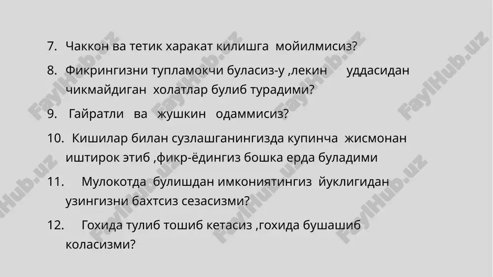 i sekin ,zaif,suxbatdoshi xarakteriga moslashadigan,ta'sirchan,shubxa bilan karashga moyil odamovi,ichimdagini top deydigan,kam xarakat jur'atsiz buysunuvchan,atrofdagilarni xayri-xoxligi va yordamini kuzgashga moyil intiluvchan buladi. melanxolik kishini kup narsa bezovta kilmaydi .odamlarga aralashmaslikka va yolgizlikka moyil buladilar,kishilar bilan aloka kilishdan uzlarini chetga tortadilar. image1.jpeg image2.png image3.png /docprops/thumbnail.jpeg