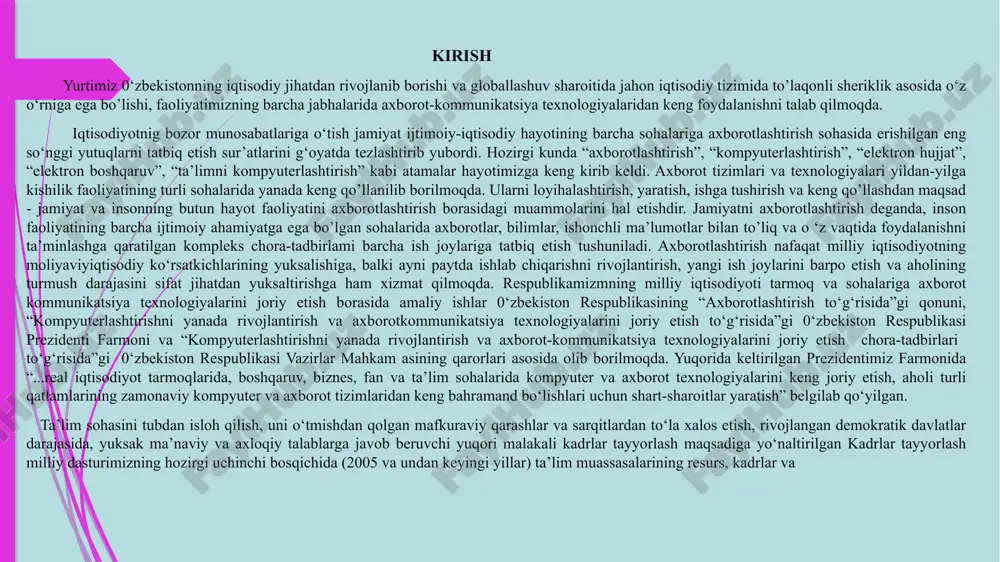 shni ta’minlashga qaratilgan kompleks chora-tadbirlami barcha ish joylariga tatbiq etish tushuniladi. axborotlashtirish nafaqat milliy iqtisodiyotning moliyaviyiqtisodiy ko‘rsatkichlarining yuksalishiga, balki ayni paytda ishlab chiqarishni rivojlantirish, yangi ish joylarini barpo etish va aholining turmush darajasini sifat jihatdan yuksaltirishga ham xizmat qilmoqda. respublikamizmning milliy iqtisodiyoti tarmoq va sohalariga axborot kommunikatsiya texnologiyalarini joriy etish borasida amaliy ishlar 0‘zbekiston respublikasining “axborotlashtirish to‘g‘risida”gi qonuni, “kompyuterlashtirishni yanada rivojlantirish va axborotkommunikatsiya texnologiyalarini joriy etish to‘g‘risida”gi 0‘zbekiston respublikasi prezidenti farmoni va “kompyuterlashtirishni yanada rivojlantirish va axborot-kommunikatsiya texnologiyalarini joriy etish chora-tadbirlari to‘g‘risida”gi 0‘zbekiston respublikasi vazirlar mahkam asining qarorlari asosida olib borilmoqda. yuqorida keltirilgan prezidentimiz farmonida “...real iqtisodiyot tarmoqlarida, boshqaruv, biznes, fan va ta’lim sohalarida kompyuter va axborot texnologiyalarini keng joriy etish, aholi turli qatlamlarining zamonaviy kompyuter va axborot tizimlaridan keng bahramand bo‘lishlari uchun shart-sharoitlar yaratish” belgilab qo‘yilgan. ta’lim sohasini tubdan isloh qilish, uni o‘tmishdan qolgan mafkuraviy qarashlar va sarqitlardan to‘la xalos etish, rivojlangan demokratik davlatlar darajasida, yuksak ma’naviy va axloqiy …