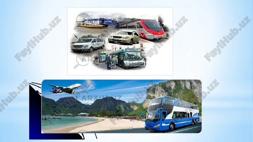 ojxona rasmiylashtiruvi uchun yig‘imlardan tashqari) ozod etilsin. o‘zbekistonda ichki turistlarga transportda yo‘lovchilarga xizmat ko‘rsatishni asosan ikki turga bo‘lib o‘rganishimiz mumkin. birinchi. transportda yo‘lovchilarni avtotransport, temir yo‘l va aviatashuvlarda tashish qo‘yidagi xizmatlarni tashkil etadi: 1.1. transportda yo‘lovchilarga chiptalarni sotish xizmatini tashkillashtirish; 1.2. transportda yo‘lovchilarning hujjatlarini rasmiylashtirishni tashkil etish; 1.3. transportda yo‘lovchilarga tashuv vaqtida xizmatlar ko‘rsatish; 1.4. transportda yo‘lovchilarni tashuvdan keyingi xizmatlarni ko‘rsatishni o‘z ichiga oladi. ikkinchi. transportda yo‘lovchilarni avtotransport, temir yo‘l va aviatashuvlar vaqtida yuklarini tashish xizmatlarini ko‘rsatadi: 2.1. transportda pochta orqali yuk junatish xizmati; 2.2. transpotda yuk tashish; 2.2.1. avtotransportda tashish xizmati; 2.2.2. temir yo‘lda yuk tashish xizmati; 2.2.3. aviatsiyada yo‘lovchilarning yuklarini tashish xizmati; 2.3. yuklarni ortish xizmati; 2.4. manzilga yuklarni yetkazish, tushirish va saqlash xizmatlarini ko‘satadi. butunjahon turistik tashkiloti (btt) turizm maqsadlarida qo‘llaniladigan transport vositalarini uch turga klassifikatsiyalaydi: quruqlikda, suvda va havoda harakatlanuvchi (2.1.1-rasm). quruqlikda harakatlanish vositalaridan turizm maqsadlarida ko‘proq avtomobil va temiryo‘l transportlaridan foydalanish maqbul hisoblanadi. avtomobil transporti …