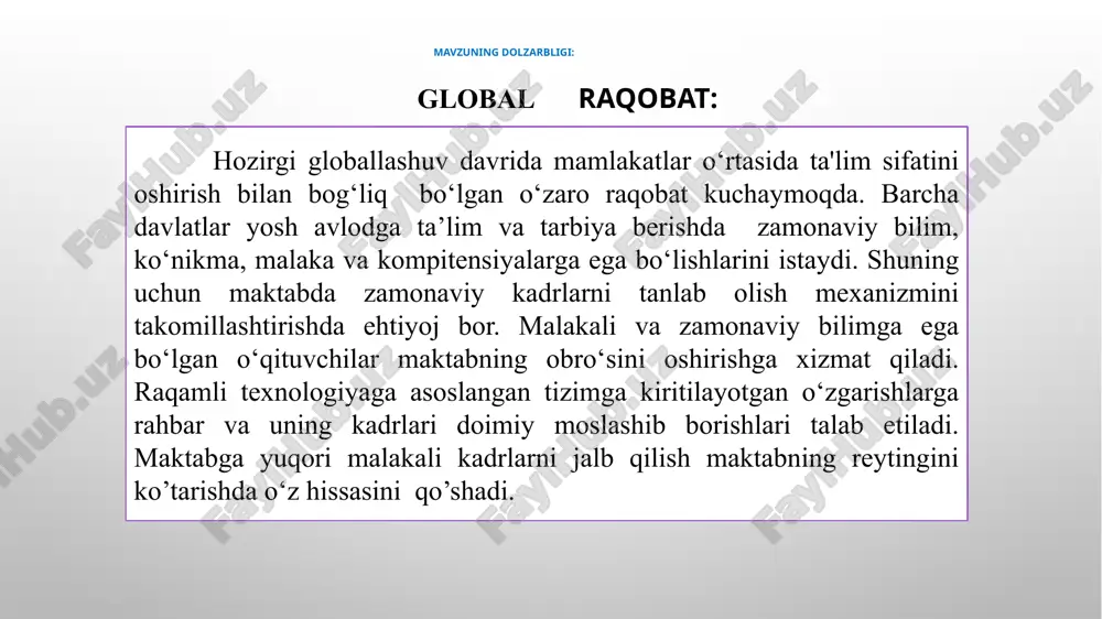 straliyada o‘qituvchi bo‘lish uchun, odatda, bakalavr darajasiga ega bo‘lish kerak, so‘ngra pedagogika yoki ta'lim sohasida magistratura (master of teaching yoki master of education) darajasini olish talab qilinadi. polsha respublikasi maktablarida o‘qituvchilarni ishga qabul qilish mexanizmi davlat va xususiy maktablarda biroz farq qilishi mumkin, ammo umumiy tamoyillar o‘xshashligiga asoslangan. polsha ta’lim muassasalarida o‘qituvchi pedagoglarni ishga qabul qilishning asosiy bosqichlari va xususiyatlari keltirilgan: o‘qituvchi bo‘lish uchun, odatda, oliy ma'lumotli, magistr darajasi talab etiladi. polsha avstraliya qiyosiy tahlil t/r amaldagi holat (oʻzb) xalqaro tajriba xulosa va takliflar 01. birinchi marta ishga qabul qilinadigan oliy ma‘lumotli talabgorlar stajor-o‘qituvchi sifatida ishga qabul qilinadi. ishga kirgan vaqtdan boshlab bir yil muddat ichida kasbiy sertifikat yoki toifa sertifikatiga ega bo‘lishi talab etiladi. kasbiy sertifikat olganidan so‘ng pedagoglar pedagogik faoliyatida besh va undan ko‘p yil davomida uzilishlar bo‘lganda,ular faoliyatini qayta boshlagan vaqtdan boshlab yana bir yil davomida kasbiy sertifikatga ega bo‘lishi lozim. malayziyada maktab o‘qituvchisi bo‘lib ishlash jarayoni …