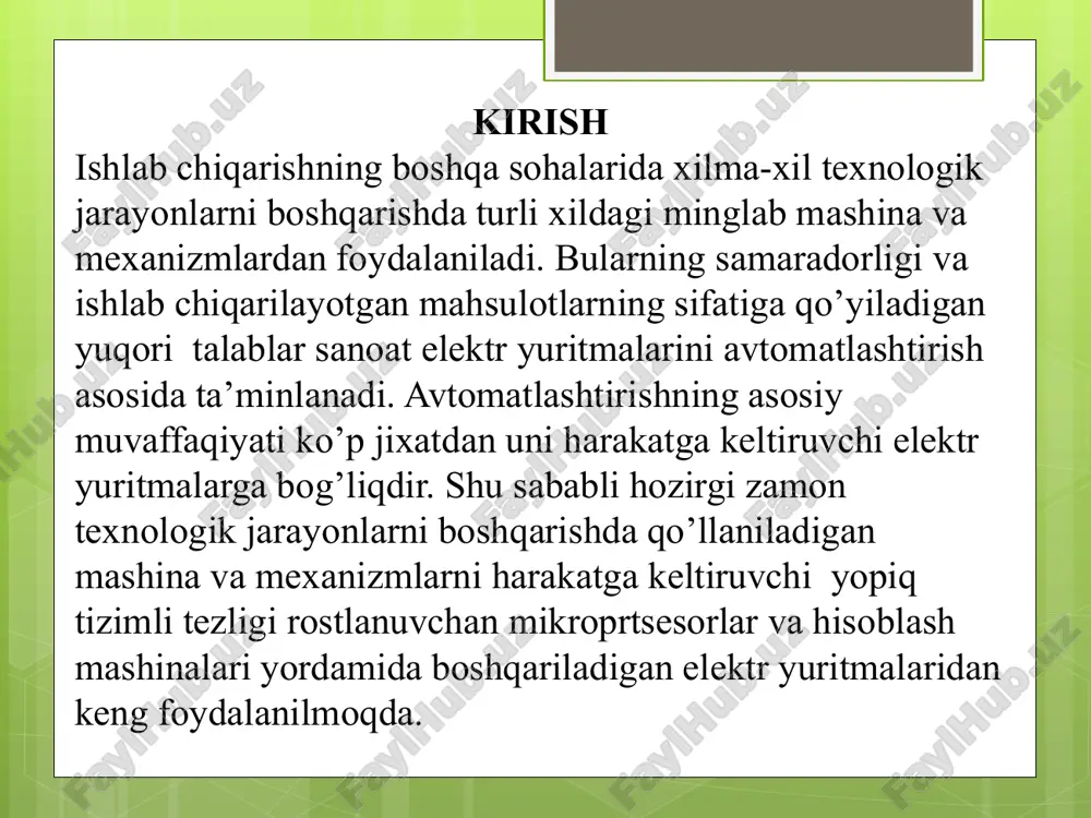 uritmalarini avtomatlashtirishni talab etmoqda. avtomatlashtirishning asosiy muvaffaqiyati ko’p jixatdan uni harakatga keltiruvchi elektr yuritmalarga bog’liqdir. shu sababli ushbu kurs loyihamda hozirgi zamon texnologik jarayonlarni boshqarishda qo’llaniladigan mashina va mexanizmlarni elektr mexanik tizimlarda energiya samaradorlikka erishish va chastota o’zgartkichning elektr yuritmalarida qo‘llanilishida energiya samardorlikka erishish mumkinligini angladim. foydalanilgan adabiyotlar 1. gulkov g.i., petrenko yu.n., ratkevich e. sistemi avtomatizirovannogo upravleniya elektroprivodami. uchebnoe posobie. – m.: novoe znanie, 2004. 2. kim d.p, teoriya avtomaticheskogo upravleniya. t.2. mnogomernie, nelineynie, optimalnie i adaptivnie sistemi. v 2-x tt t:2. – m.: fizmatlit, 2004. 3. moskalenko v.v. sistemi avtomatizirovannogo upravleniya elektroprivoda. uchebnik. – m.: infra-m, 2004. 4. saidaxmedov s.s. avtomatik boshqarish nazariyasida zamonaviy uslublar. o'quv qo'llanma.– t: tdtu, 1997. – 30 b. 5. saidaxmedov s.s. elektr yuritmalarni avtomatik boshqarish tizimlari fani bo'yicha test savollari to'plami. 1 qism. – t: tdtu,1997. 6. xashimov a.a., saidaxmedov s.s. issledovanie zamknutix sistem avtomaticheskogo regulirovaniya na tsvm: metodicheskie ukazaniya k laboratornim rabotam …