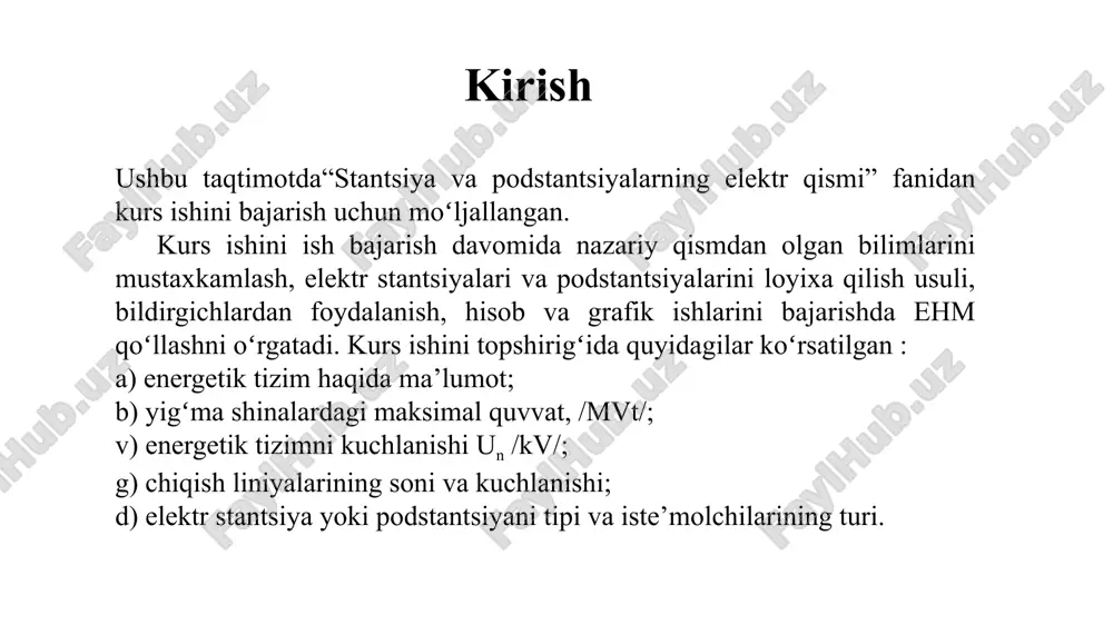 anishi, ==0,303 ikkala variant ham normal ishlash rejimi boʻyicha qoniqarlidir. b) transformatorlardan biri ishdan chiqsa, bu tanlangan variantlarni ishlashini tekshiramiz. i – variant: 1,4· snom.t = 1,4 · 4 = 5,6 mv·a; ii – variant: 1,4· snom.t = 1,4 · 6,3= 8,82mv·a. bunda, 1,4 – oʻta yuklanish koeffitsenti. tmn-4000/110/10 kva tmn-6300/110/10 kva elektr stantsiyalarini yoki podstantsiyalarni bosh elektr sxemasini tanlash variantimiz uchun texnik – iqtisodiy hisobni minimal keltirilgan sarf – xarajatlar boʻyicha hisoblaymiz. i-variant ie =  · e = 300*164916,992 = 49,49 (mln. soʻm) kt = k0 · nt = 150·2 = 300,0 (mln. soʻm) ia.t =[(ra +ro)/100] · kt = [(6,3 +3)/100] ·300,0 = 27,9 (mln. soʻm) i =ia.t + ie =27,9+ 49,49 = 77,39 (mln. soʻm) zi = rn ·kt + i = 0,15·300,0 + 77,39 = 122,39 (mln. soʻm) ii-variant ie =  · e = 300*168067,5 = 50,42 (mln. soʻm) kt = k0 · nt …
