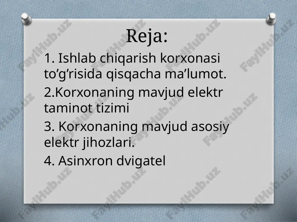 . quvvati bir necha vt dan oʻnlab mvt gacha boʻladi. asinxron dvigatellar "arago-lens diski" xodisasi asosida ishlaydi. xulosa men bu amaliyot jarayoni davomida spektr xususiy korxonasidagi barcha presslash stanoklari, korxonadagi elektr taminoti va korxonada ishlab chiqariladigan avtomobillar uchun detallarni barchasi bilan tanishsib chiqdim. ushbu korxonada men o`z diplom mavzumga oid bir qancha malumotlarga ega bo`ldim. ushbu korxonada ko`plab asinxron motorlar bor ekan. lekin ushbu motorlarni himoya tizimi ancha eski tizimdaligini ko`rdim.ayrim pres uskunalarining himoya tizimini yangilash lozim. ushbu preslarda eski turdagi puskatel va eski turdagi rele va avtomatlar o`rnatilgan. bu qurilmalar o`zing ishlash vaqtini o`tagan qurilmalar hisoblanadi. foydalanilgan adabiyotlar jt. v. peregudov, a x- xoshimov vaboshk,. avtomatlashtirilgan korxona stanoklari.—t.: uzbekiston, 1999. granovskiy g.i. i dr. rezanie metallov: uchebnik dlya mashinostr. i priborostr. spets. vuzov.-m.: vissh. shk., 1985. texnologiya obrabotki konstruktsionnix materialov: uchebnikdlya mashinostr. spets. vuzov. pod red. p.g. petruxi.—m.: vissh. shk., 1991. bobrov v.f. osnovi teorii rezaniya, mashinostroenie, 1975. armarego …