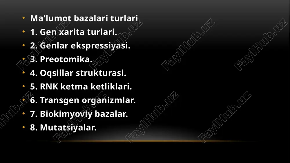 yar boshqa axborot resurslari. flybase loyihasi drosophila konsorsiumi tomonidan amalga oshiriladi aqshdagi garvard va indiana universitetlari hamda buyuk britaniyaning kembrij universiteti tadqiqotchilari va kompyuter olimlari tomonidan amalga oshiriladi . oqsillarning ortologik guruhlari klasterlari (cogs) ma'lumotlar bazasi bakteriyalar, arxeya va eukaryotlarning 21 ta to'liq genomlarida kodlangan oqsillarni filogenetik tasniflashga urinishdir pfam - bu oqsil oilalarining ma'lumotlar bazasi bo'lib , unda ularning izohlari va yashirin markov modellari yordamida yaratilgan bir nechta ketma-ketlik hizalamalari mavjud. eng soʻnggi versiya pfam 34.0 2021-yil mart oyida chiqarilgan va 19 179 oilani oʻz ichiga oladi. biotexnologiya axborotlashtirish milliy markazi ( ncbi ) qismi hisoblanadi tibbiyot amerika qo'shma shtatlari milliy kutubxonasi (nlm), bir filiali milliy sog'liqni saqlash institutlari (nih). amerika qo'shma shtatlari hukumati tomonidan tasdiqlangan va moliyalashtiriladi . ncbi merilend shtatining bethesda shahrida joylashgan bo'lib , 1988 yilda aqsh kongressi a'zosi klod pepper homiyligidagi qonunchilik asosida tashkil etilgan image1.png image3.png image4.png image5.png image6.png image7.png image8.jpeg image9.png image10.png image11.png …