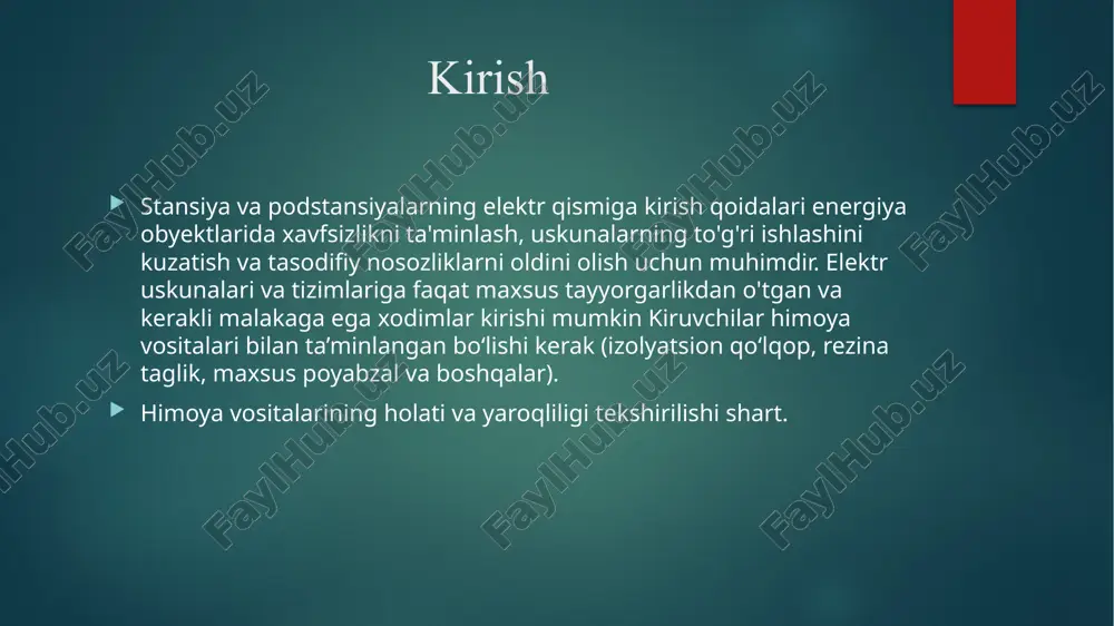 . 110 kv 10 kv tp-1 tp-2 yuk pk k-1 k-2 qisqa tutashuv tokini hisoblash elektr tizim sxemasi podstansiyalarni elektr jihozlarini tanlash. tanlangan bosh sxemaga asosan elektr jihozlarini soni aniqlanadi. elektr apparatlarini tanlash kataloglar yordamida elektr qurilmaning normal rejimdagi ko‘rsatgichlari bo‘yicha bajariladi. qabul qilingan apparatni ulanish nuqtasidagi maksimal qisqa tutashuv toki ta’siri bo‘yicha tekshirib ko‘rinishi zarur. albatta, katalog bo‘yicha tanlangan apparatlarning parametrlari(nominal kuchlanishi va toki) elektr qurilmaning ekspluatatsiya sharoitidagi kuchlanish va tok miqdorlariga teng yoki katta bo‘lishi kerak. aniq apparatlarni ma’lum ish rejim sharoitlari uchun qabul qilinganda ko‘plab omillarni hisobga olishga to‘g’ri keladi. biz bulardan faqat apparatlarni qisqa tutashuv toki ta’siriga chidamligiga e’tibor beramiz, yani apparatlarning turg’unligini hisobga olamiz. aniq apparatlarni ma’lum ish rejim sharoitlari uchun qabul qilinganda ko‘plab omillarni hisobga olishga to‘g‘ri keladi. biz bulardan faqat apparatlarni qisqa tutashuv toki ta’siriga chidamligiga e’tibor beramiz, yani apparatlarning turg‘unligini hisobga olamiz. xulosa ushbu kurs ishida elektr stansiyalari va podstansiyalarining qurilishi, ishlash …