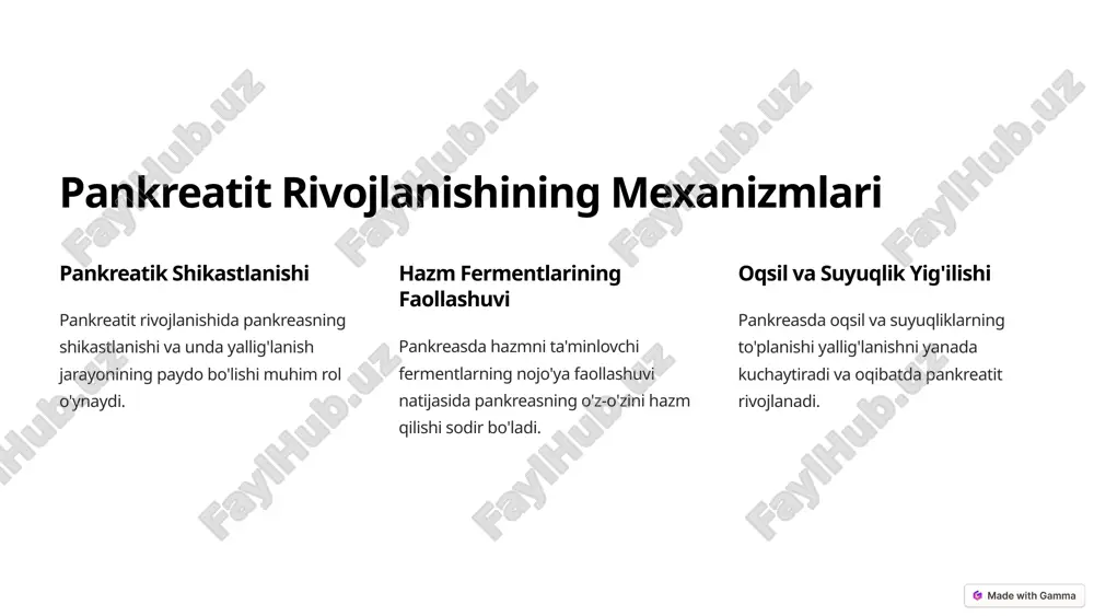 holatlarda, chirurgik aralashuv talab qilinadi. surunkali pankreatit surunkali pankreatitda, agar kasallik natijasida pankreasda shikastlanish yoki o'zgarishlar bo'lsa, operativ davolash qo'llanilishi mumkin. kistalar pankreatitda paydo bo'lgan kistalar, agar davolanmasa, jiddiy asoratlarni keltirib chiqarishi mumkin. 10 image1.png image11.png image2.png image12.png image3.png image4.png image13.png image5.png image6.png image14.png image7.png image15.png image8.png image16.png image17.png image18.png image19.png image9.png image10.png image20.png