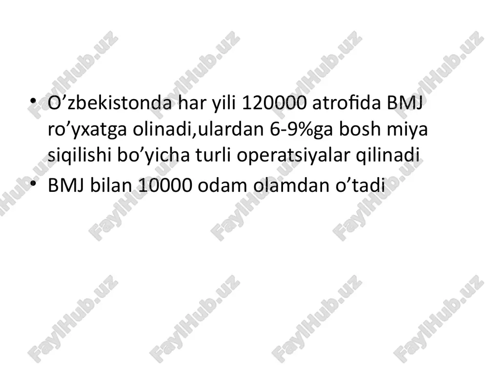 shikastlangan miya to'qimasini yuvib tashlash suyak bo'lakchalarini chiqarib olish bosh miya jarohati asoratlari posttravmaticheskaya likvoreya –nazalnaya likvoreya (97%), sluxovogo proxoda (3%) pnevmotsefaliya gnoyniy meningit: pri zchmt do 3%, pri ochmt do 10% sluchaev abtsess golovnogo mozga kks posttravmaticheskaya epilepsiya image1.jpeg image2.jpeg image3.jpeg image4.png image5.png image6.png image7.png image8.jpeg image9.png image10.jpeg image11.jpeg image12.jpeg image13.jpeg image14.jpeg image15.jpeg image16.png image17.jpeg image18.png image19.png image20.png image21.jpeg image22.png image23.png image24.png image25.jpeg image26.jpeg