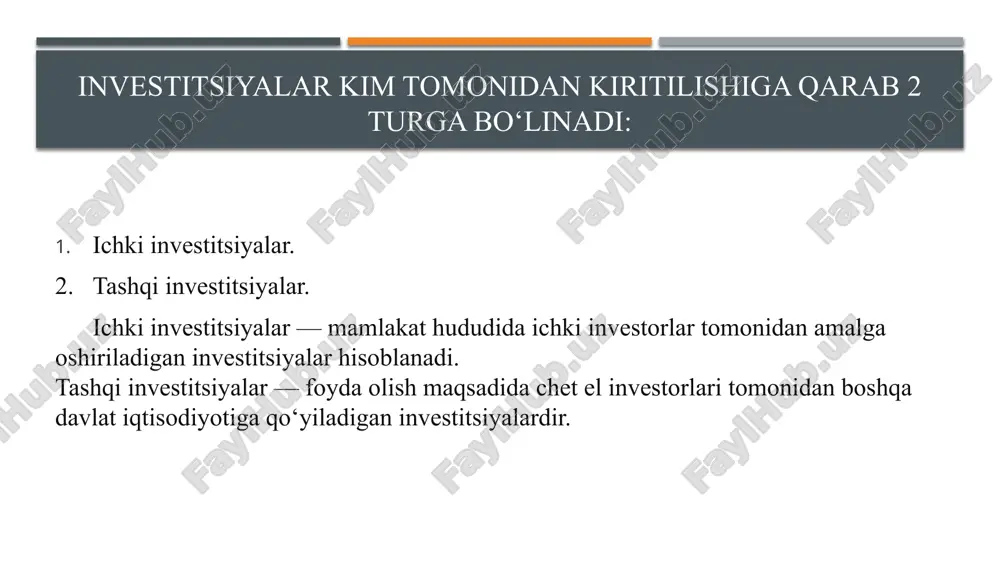 vestor tezda kompaniyani boshqarishda ishtirok etishi, ta'sischilar yig'ilishlarida yoki aksiyadorlar yig'ilishlarida ovoz berish huquqiga ega bo'lishi, kompaniyaning kelajakdagi siyosati bo'yicha qarorlarni taklif qilishi va tasdiqlashi mumkin bo'ladi; real - moddiy ishlab chiqarishga sarmoyalar; moliyaviy bo'lmagan - kashfiyotlar, patentlar, nou-xaular, savdo belgilari shaklidagi investitsiyalar. korxonadagi investitsiya faoliyati boshqaruv faoliyatining eng qiyin turidir, chunki u kompaniyaning kelajakdagi holati bilan bog'liq bo'lib, uni to'g'ri prognoz qilish yoki oldindan ko'rish kerak. investitsiyalar bu moliyaviy resurslardan uzoq muddatli kapital qo'yilmalar (kapital qo'yilmalar) shaklida foydalanishdir. sarmoya kiritish vaqtni talab qiluvchi jarayondir. shuning uchun moliyaviy resurslardan eng samarali foydalanish uchun kompaniya investitsiya siyosatini shakllantiradi. siyosat korxona maqsadlariga erishishni osonlashtiradigan harakatlar va qarorlarni qabul qilish uchun umumiy ko'rsatma beradi. investitsiyalarni boshqarish bosqichlari investitsiyalarni boshqarish asosan to'rtta boshqaruv bosqichlarini o'z ichiga oladi: investitsiya jarayonlarini boshqarish tizimi, tadqiqotlar, rejalashtirish va loyihalarni ishlab chiqish; to'g'ridan-to'g'ri faoliyat turi, loyihani amalga oshirish; qaror qabul qilish jarayoni, loyihani amalga oshirish jarayonida doimiy nazorat; qabul …