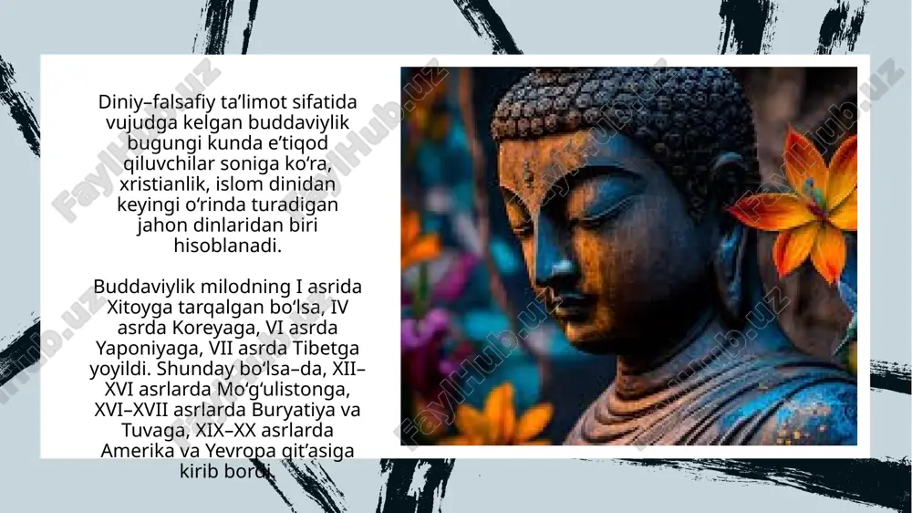 i, sutra (sanskritcha – ip, to‘plam, bayon, diniy–falsafiy ibora)larni o‘rganish, tarjima qilish va sharhlash uchun sharoit yaratdilar. miloddan avvalgi i asrda termizda buddaviylik ustuvor mavqega ega bo‘ldi. bunda shahar zadagonlarining buddaviylikni qabul qilishi va ibodatxonalar qurilishiga homiylik qilishlari muhim ahamiyat kasb etgan. qoratepa va fayoztepa ibodatxonalari eng katta sajdagohlardan hisoblangan. ularda buddaning loydan yasalgan katta haykali va stupalar bo‘lgan. ibodatxonalar odatda yer osti va yer usti qismlaridan iborat bo‘lgan. fayoztepada topilgan budda haykalchasi foydalanilgan adabiyotlar ochildiyev a. dinshunoslik asoslari, o’quv qo’llanma. toshkent, -2013. tulemetova g., oblomurodov n., hasanboyev o’. dinshunoslik. t. -2019. mahkamov q. dinshunoslik, o’quv qo’llanma. namangan, -2020 raximdjanov d.a., ernazarov o.k. dinshunoslikka kirish. toshkent, -2018 e’tiboringiz uchun rahmat! image1.jpeg image2.png image3.jpeg image4.jpeg image5.jpeg image6.jpeg image7.jpeg image8.jpeg image9.jpeg image10.jpeg image11.jpeg image12.jpeg image13.png image14.png image15.png image16.svg .msftofcthm_accent1_fill_v2 { fill:#156082; } .msftofcthm_accent1_stroke_v2 { stroke:#156082; } /docprops/thumbnail.jpeg