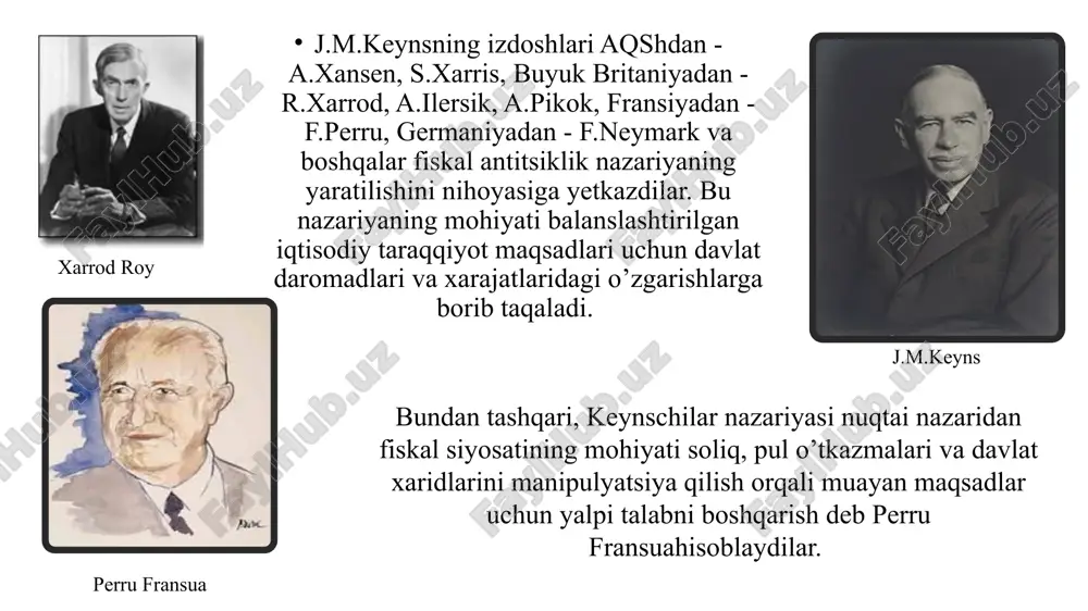 aydi. chunki aslida, o’shanda ham makrodarajadagi fiskal siyosatni moliyaviy siyosatdan ajratib bo’lmaydi. ko’p hollarda, haqiqatdan ham xorij amaliyotida “fiskal siyosat” deyilganda “moliyaviy siyosat” nazarda tutiladi. moliyaviy siyosat byudjet siyosati soliq siyosati kredit siyosati baho siyosati investitsiya siyosati ijtimoiy siyosat boj siyosati va hk. fiskal siyosat mohiyatini aniqlashda fiskal siyosatning maqsadlari muhim ahamiyatga ega: iqtisodiy sikl tebranishlarini yumshatish; iqtisodiy o'sishning barqarorligini ta'minlash; inflyatsiyaning o'rtacha sur'atlarida aholi bandligining yuqori sur'atlariga erishish. iqtisodiyot turg’unlik yoki pasayish davrida bo’lgan vaziyatlarda davlat tomonidan rag’batlantuvchi fiskal siyosat (ekspansion) olib boriladi. ya’ni, davlat qisqa muddatda iqsodiyotning pasayishi muammosini davlat xarajatlarini oshirish yoki soliqlarni kamaytirish, yohud ikkalasini bir vaqtning o‘zida olib borish evaziga hal etadi. uzoq muddatda davlat xarajatlarining yuqori bo‘lishi va soliqlarni kamaytirish ishlab chiqarish omillarining o‘sishiga va natijada, iqtisodiy salohiyatning ko‘tarilishiga olib kelishi mumkin. ammo, bunga markaziy bank tomonidan olib boriladigan pul-kredit siyosatidan samarali foydalanish va davlat xarajatlari tarkibini maqbul holatga olib kelish orqaligina erishish mumkin. …