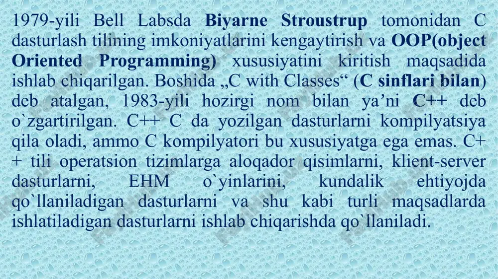 gan holda ularni quyidagiga ifodalash mumkin: silindr_radiusi, silindrradiusi c++ tilida berilganlar turlari 2 guruhga bo’linadi: o‘zgarmaslar o‘zgaruvchilar o‘zgarmas (literal) – bu firsirlangan son, satr yoki belgi. o‘zgarmaslar beshta turga bo‘linadi: butun, haqiqiy, sanab o‘tiluvchi, belgi (liter), satr (string, literli satr). kompilyator o‘zgarmasni leksema sifatida aniqlaydi, unga xotiradan joy ajratadi, ko‘rinishi va qiymatiga qarab mos guruhlarga bo‘ladi. dastur bajarilishi davomida berilganlarni saqlab turish uchun o‘zgarmas (konstanta) va o‘zgaruvchilardan foydalaniladi. o‘zgaruvchi - dastur obyekti bo‘lib, xotiradagi nechta yacheykani egallaydi va berilganlarni saqlash uchun xizmat qiladi. o‘zgaruvchi nom, o‘lcham, ko‘rinish sohasi, amal qilish vaqti kabi hususiyatlarga ega bo‘ladi. o‘zgaruvchilarni ishlatishdan avval ularni e’lon qilish lozim. natijada u uchun xotiradan joy ajratiladi. joyning xajmi o‘zgaruvchi turiga bo‘liq ravish aniqlanadi va bir turga oid o‘zgaruvchi uchun turli platformalarda turli joy ajratilishi mumkin. e’tiboringiz uchun rahmat! image1.jpeg image2.png image3.png image4.png image5.png /docprops/thumbnail.jpeg