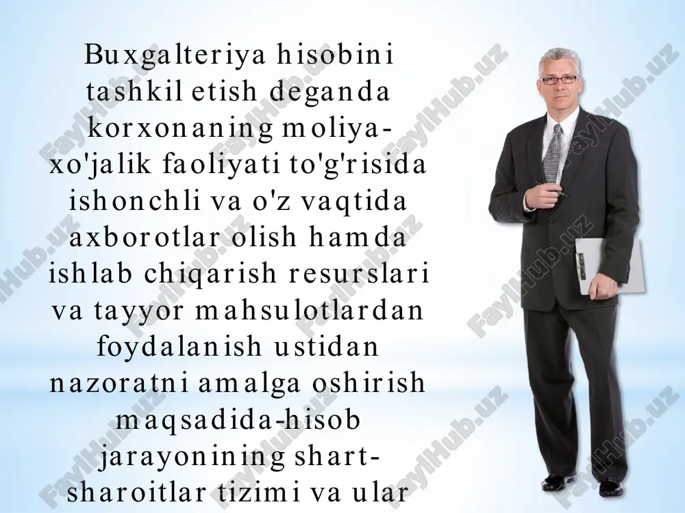 ashtirish (balanslashtirish va hisobot)dan iborat. hisob siyosatini shakllantirishning asosiy bosqichlari i. hisob siyosati ishlab chiqish uchun zarur buxgalteriya hisobi obyektlarini aniqlash ii. hisob obyektlaridan kelib chiqib hisob siyosatini shakllantirishga ta'sir ko'rsatadtgan shart-sharoitlar iii. birlamchi qoidalarni tanlash va asoslash, hisob siyosatini tuzish iv. har bir obyekt bo'yicha buxgalteriya hisobining zarur usullari va amallarini tanlash v. aniq korxona uchun hisob yuritish usullarini tanlash vi. korxona hisob siyosatini rasmiylashtirish (buyruq, farmoyish) hisob siyosatining uch jihati uslubiy jihati tashkiliy jihati texnik jihati hisob siyosatini o'zgartirish subyekt qayta tashkil etilganda (qo'shilish, oo'linish, bi,·lashtiri.h) mulkdorlar o'zgarganida o'zr qonun hujjatlari va o'zrda buxgalteriya hisobini me'yoriy tartibga solish tizimida o'zgarishlar oo'lganda. o'zr qonun hujjatlari va o'zrda buxgalteriya hisobini me'yoriy tartibga solish tizimida o'zgarishlar oo'lganda. xulosa buxgalteriya hisobini tashkil etish uchun o’zbekistonda tegishli huquqiy asoslar yaratilgan. buxgalteriya hisobi to’g’ri tashkil etilishi maqsadga muvofiq hisoblanadi takrorlash uchun savollar: buxgalteriya xizmati qanday vazifalami bajaradi? buxgalteriya hisobini tashkil etishga qanday talablar qo'yiladi? …