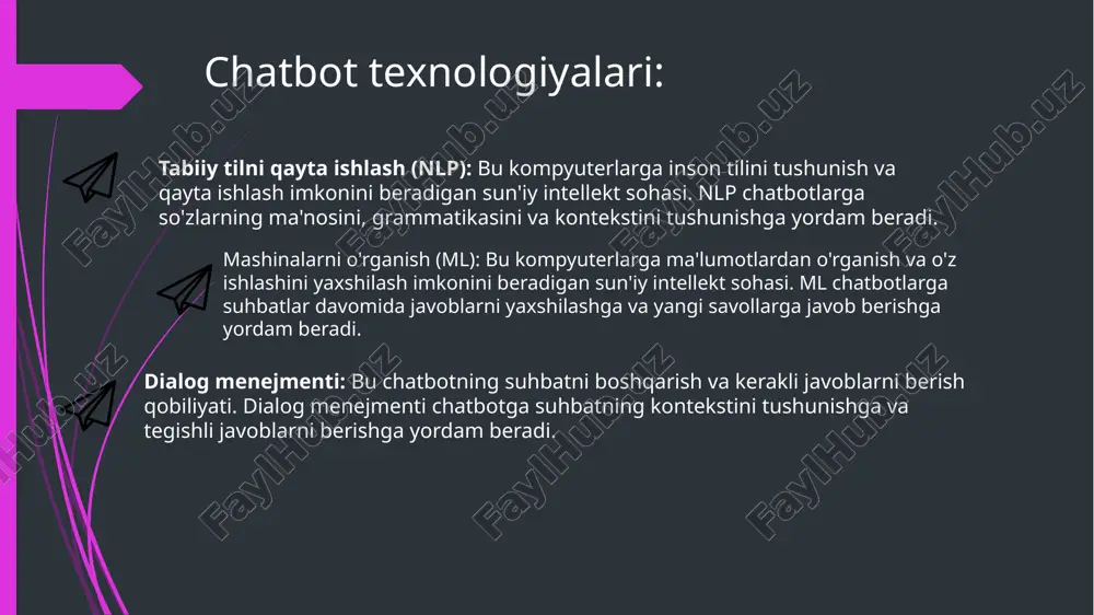 i va boshqa iot (internet of things) qurilmalarini boshqarish uchun ishlatila boshlandi. bugungi kun: virtual yordamchilar sun'iy intellekt, mashinalarni o'rganish va tabiiy tilni qayta ishlash texnologiyalari yordamida doimiy ravishda takomillashib bormoqda. ular turli xil qurilmalarda, jumladan smartfonlar, smart-kolonkalar, kompyuterlar, avtomobillar va boshqalarda mavjud. qo'llanilish sohalari: shaxsiy yordamchi: virtual yordamchilar savollarga javob berish, eslatmalarni o'rnatish, musiqani ijro etish, qo'ng'iroqlarni amalga oshirish, xabarlarni yuborish va aqlli uy qurilmalarini boshqarish uchun ishlatiladi. biznes: virtual yordamchilar uchrashuvlarni rejalashtirish, elektron pochtalarni boshqarish, ma'lumotlarni qidirish va hisobotlarni yaratish uchun ishlatiladi. sog'liqni saqlash: virtual yordamchilar bemorlarga dori-darmonlarni eslatish, uchrashuvlarni rejalashtirish va sog'liqni saqlash bo'yicha maslahatlar berish uchun ishlatiladi. ta'lim: virtual yordamchilar talabalarga savollarga javob berish, topshiriqlarni bajarish va yangi narsalarni o'rganish uchun ishlatiladi. chatbot va va afzalliklari xususiyat chatbotlar virtual yordamchilar asosiy maqsadi mijozlarga xizmat, savollarga javob berish shaxsiy yordam, vazifalarni avtomatlashtirish ishlash vaqti 24/7 odatda, lekin ba'zilari cheklangan o'ziga xosligi ko'p hollarda standart savollarga javob beradi …