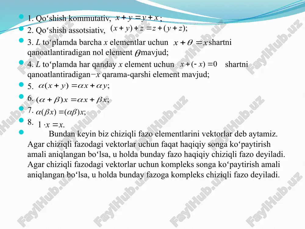 iladi. 5-misol. fazoda ko’rhadlar bazis tashkil etadimi? yechish. fazoda standart bazis quyidagi ko’rinishda bazis elementlaridan iborat. ko’phadlar fazoda bazis tashkil qilishini isbotlash kerak, bunda ular chiziqli erkli ekanligini ko’rsatish yetarli. chiziqli kombinasiyalarini tuzamiz. berilgan chiziqli kombinasiyalar nolga teng bo’ladi, faqat va faqat x ning barcha koeffisiyentlari nolga teng bo’lganda , yani quyidagi sistemaga kelamiz: yagona yechim va bundan ko’phadlar chiziqli erkli va bundan fazoda bazis tashkil etadi. 9- ta’rif. l chiziqli fazoning v qism toʻplamining oʻzi ham l da aniqlangan elementlarni qoʻshish va elementlarni songa koʻpaytirish amallariga nisbatan chiziqli fazo tashkil qilsa, u holda v fazo l fazoning chiziqli qism fazosi deyiladi. 6-misol. v to’plamda berilgan qoida bo’yicha fazodagi chiziqli qism fazo tashkil etadimi yechish. to’plamning ixtiyoriy elementini olaylik. u holda ning shartlari bajarilayapti bundan fazoning chiziqli qism fazosi hisoblanadi to’plamdan ixtiyoriy elementlarni olsak u holda ya’ni ning uchinchi koordinatasi v to’plam uchun qoida bajarilmayapti, ya’ni .bundan v to’plam fazoda …