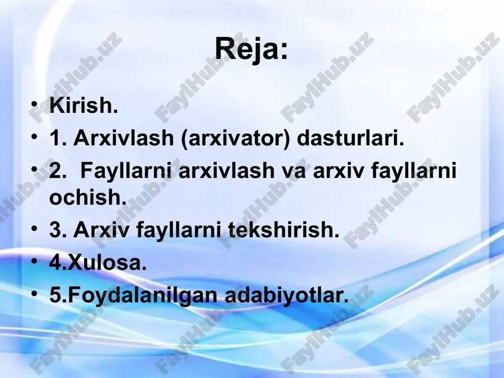 huning uchun ham arxivlashda siqish darajasi tushunchasi kiritilgan. arxivlashda siqish darajasi deganda, faylning siqilgandan keyingi hajmining uzunligining boshlang’ich hajmi nisbatiga aytiladi. masalan, faylning boshlang’ich hajmi 100 kb bo`lib, uning siqilgandai keyingi hajmi 10 kb bo`lsa, arj arxivatori siqish darajasini 10 foiz deb, rkzir arxivatori esa 90 foiz deb (boshlang’ich hajm necha foizga qisqarganligini) ko`rsatadi. arj arxivatori yordamida har qanday o`lchamdagi va har qanday hajmdagi fayllarni bir necha xil usul bilan siqish mumkin. tomlarga bo`lib arxivlash qism kataloglar bilan birgalikda arxivlash, yuqori zichlikda arxivlash, o`zi ochiladigan qilib arxivlash, parol’ qo`yib arxivlash va hokazolar shular jumlasidandir. arxiv fayl yagona faylga joylashtirilgan va kerak bo`lgan paytda muayyan holatdan avvalgi holiga qaytarish mumkin bo`lgan, bir yoki bir nechta fayllar to`plamini siqilgan holda o`zida mujassamlashtirgan fayldir. bir narsani yodda tutish kerakki, arxivlangan fayl o`z holiga qaytarilmasa, ya`ni arxivdan ochilmasa, uni ishlatish mumkin emas. ko`p tomli arxivlar ba`zan paytlarda katta o`lchamdagi fayl yoki fayllar to`plamini bo`laklarga …