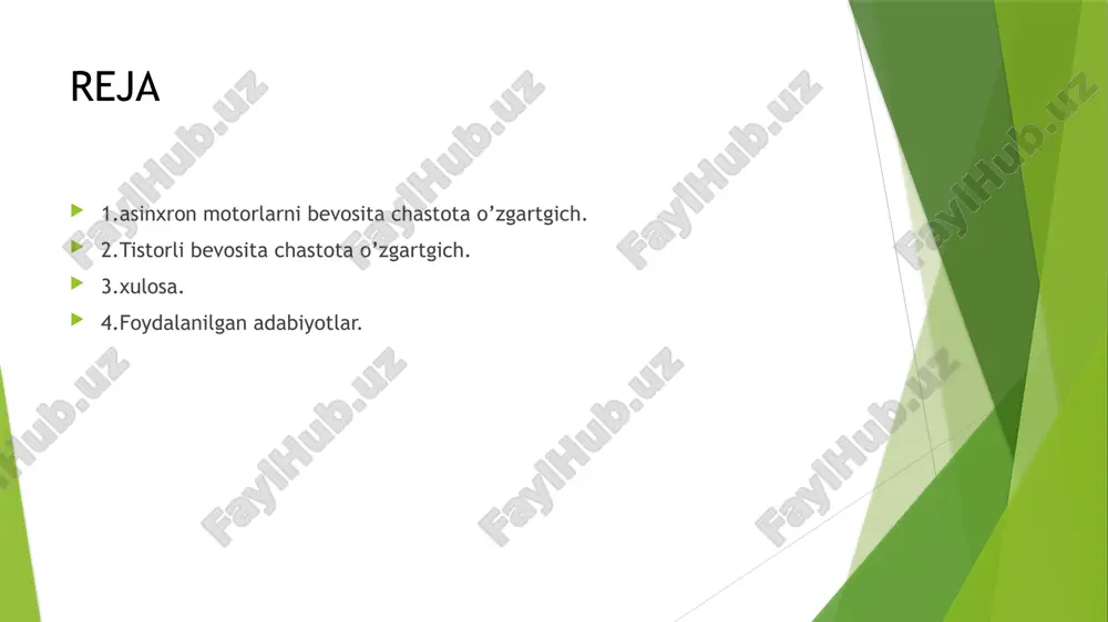 to’xtatish tigmasi . sb2nishga tushirish . km1 magnit puskatel cho’lg’am u ishga tushirish tugmasiga parallel ulangan . yordamchi kantakt 12no-14no lar kiradi. xulosa tiristorli bevosita chastota o‘zgartkichlarda tarmoqdan kelayotgan o‘zgarmas chastotali va kuchlanishning haqiqiy qiymati o‘zgarmas bo‘lgan o‘zgaruvchan tok kuchlanishi bevosita oraliq o‘zgartkichlarsiz chastota va kuchlanishining haqiqiy qiymati rostlanuvchan o‘zgaruvchan tok kuchlanishiga o‘zgartiriladi. foydalanilgan adabiyotlar 1. hoshimov o.o., saidahmedov s.s. o‘zgartkich texnikasiva ta’minot manbai. toshkent: tdtu, 2002. 2. jukov s.a. etapi sozdaniya avtomatizirovannoy informatsionnoizmeritelnoy sistemi kommertseskogo ucheta elektroenergii (aiis kue). m.: jurnal «promishlennaya energetika». 2005, 3. v.ya.ushakov “osnovnie problemi enegetiki i vozmojnie sposobi ix resheniya” energetika. izvestiya tpu. 2011. t. 4. h.k.zaynuddinova, sh.k.niyozov, sh.ashirov, r.sh.daminov, e.ikromxonov “qayta tiklanuvchan va muqobil energiyadan foydalanish istiqbollari” “the moder roblems of renewable energy sources and sustainable environment” materials of international conference. tashkent, september 25-27 th, 2019. 5. electricity generation, transmission and distribution. gayibov t.sh., shamsutdinov h.f., pulatov b.m. tashkent-2015 image1.png image2.png image3.png /docprops/thumbnail.jpeg