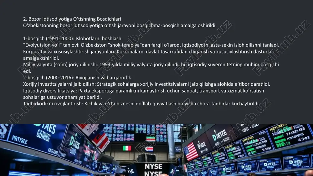 o‘sish barqaror ko‘rsatkichlarni namoyon qilmoqda. xususiy sektorning rivojlanishi: xususiy sektorning iqtisodiyotdagi ulushi sezilarli darajada oshdi. xalqaro iqtisodiy munosabatlar: o‘zbekiston xalqaro iqtisodiy tizimga faol integratsiya qilinmoqda. tadbirkorlik uchun sharoitlar: biznes muhit sezilarli darajada yaxshilandi. 5. kelajakdagi vizyon iqtisodiy liberallashtirishni davom ettirish: davlat rolining kamayishi va xususiy sektor ulushining ortishi. texnologiyalarni rivojlantirish: innovatsiyalar va texnologiyalar asosida raqamli iqtisodiyotga o‘tish. xalqaro integratsiya: jahon bozorida o‘zbekistonning raqobatbardoshligini oshirish. bozor mexanizmlarini joriy etish narxlarni erkinlashtirish bozorga o'tish bilan narxlar erkinlashtirildi, bu esa taklif va talabning o'zaro ta'siriga asoslangan narx mexanizmining shakllanishiga olib keldi. raqobatni kuchaytirish raqobatni kuchaytirish iqtisodiyotning samaradorligini oshirish va iste'molchilar uchun tanlov imkoniyatlarini kengaytirishga yordam berdi. qimmatli qog'ozlar bozorini rivojlantirish 1 boshlang'ich bosqich ózbekistonda qimmatli qog'ozlar bozori rivojlanishining boshlang'ich bosqichi 1990-yillarga to'g'ri keladi. 2 birja tizimining yaratilishi qimmatli qog'ozlar bozorini rivojlantirish uchun birja tizimi yaratildi va bozor infratuzilmasi rivojlantirildi. 3 hozirgi holat hozirda ózbekistonda qimmatli qog'ozlar bozori rivojlanishining yangi bosqichiga kirib, xalqaro standartlarga …