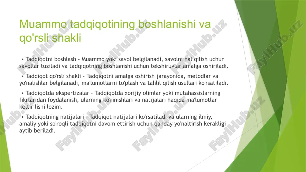 umotlar yig'ilmasi, ma'lumotlar izlanish jarayoni va natijalar tarqatilishi. • qator muammo tuzilishi - tashqi va ichki muammo turli usullar bilan taqqoslangan xalqaro qaror qabul qilish va muammoni hal qilishning faoliyati. muammo tadqiqotining muqobil ko'nikmalari va ildizlar. • tadqiqotning muqobil ko'nikmalari - muammoning muqobil ko'nikmalari, tadqiqotchilar tomonidan muammoga qarshi qilish ko'nikmalarini aks ettiradi. • tadqiqotning ildizlari - tadqiqot ildizi, muammo echimini qidirmoqda yoki ko'rsatmoqda bo'lgan yo'llarning umumiy ifodasini ta'minlaydi. muammo tadqiqotida nazorat organlari va xarajatlar. • nazorat organlari muammolari - muammo tadqiqotlarida foydalaniladigan nazorat organlarining muammolari va ularning faoliyati haqida ma’lumot. • xarajatlar tahlili - muammo tadqiqotlarindagi xarajatlar va ularning tahlili haqida malumot beriladi. • nazorat organlari muammolari - muammo tadqiqotlarida foydalaniladigan nazorat organlarining muammolari va ularning faoliyati haqida ma’lumot. • xarajatlar tahlili - muammo tadqiqotlarindagi xarajatlar va ularning tahlili haqida malumot beriladi. muammo tadqiqoti uchun kechikishi va hisob-kitob. • muddatni aniqlash. (deadline) - muammoga qanday qaror qabul qilish kerak. bu …