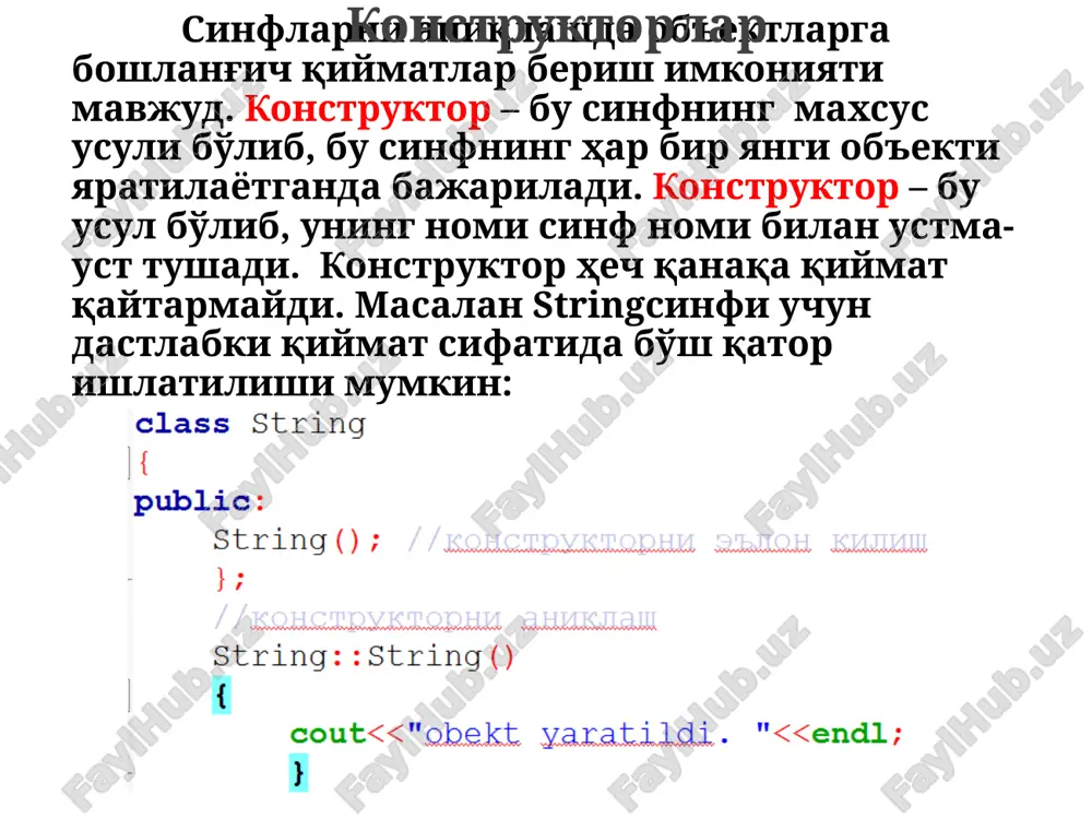 tashkil etishda chaqirilayotgan ob'ekt uchun ta'minlanishiga e'tibor berish kerak. bu esa yashirin this parametrini funktsiyaga o'zatishni ta'minlaydi. this ko'rsatkichi noaniq ravishda usulning ichkarisida foydalaniladi. aniq holatda esa bu ko'rsatkich usuldagi ko'rsatkichni hisoblashda (return this;) yoki chaqirilayotgan ob'ektga (return *this;) murojaatlarda qo'llaniladi. quyida this ko'rsatkich uchun misol keltiramiz: this ko'rsatkichi c++ tili o'zining barcha ajdodlarining xususiyatlari, ma'lumotlari, usullari va voqealarini meros qilib oladigan xosila sinfini elon qilish imkoniyatini beradi. vorislik ob'ektga mo'ljallangan dasturlashning muhim xususiyatlariga kiradi. biz v sinfi a sinfini meroslashini ko'rsatish uchun (v sinfi a sinfidan tashkil etilgan) v sinfini aniqlashda sinf nomidan keyin ikki nuqta quyiladi va so'ngra v vorislanayotgan sinflar keltiriladi. vorislash termini v sinfi a sinfining hamma xususiyatlariga ega va u a sinfidan vorislab olganligini bildiradi. hosila sinf v da a bazaviy sinfining hamma atributlari va usullari bor. ammo yangi sinf o'z yangi atributlarini va usullarini qo'shimcha qilishi mumkin. ko'pincha hosila sinfni kism sinf bazaviy sinfni …