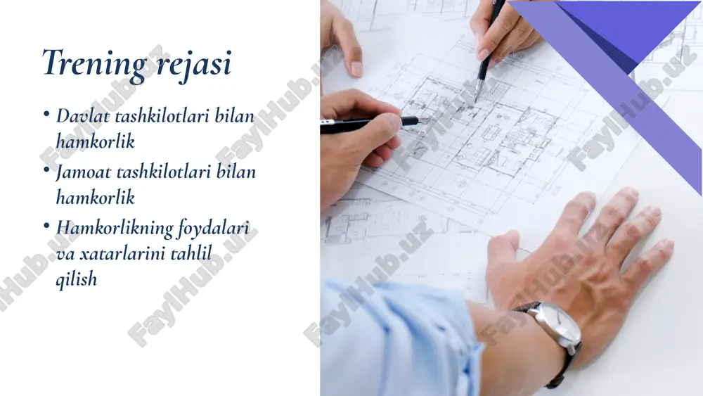 ifoqi: yoshlarni rivojlantirish bo‘yicha dasturlar. bolalar huquqlarini himoya qilish tashkilotlari: bolalar huquqlari va manfaati uchun. ota-onalar qo‘mitasi: maktab faoliyatini qo‘llab-quvvatlash va takomillashtirish. ekologik tashkilotlar: ekologik ongni oshirish va tabiatni asrashga qaratilgan tadbirlar. notijorat tashkilotlar: ta’limni rivojlantirishga qaratilgan loyihalar oliy ta’lim va ilmiy muassasalar: universitetlar va institutlar: maktab o‘qituvchilari va o‘quvchilar uchun seminarlar va o‘quv dasturlar. ilmiy markazlar: fan va texnologiya yo‘nalishida tajriba va tadqiqot ishlari. hamkorlik portfoliomizni yaratamiz 10 xulosa: davlat va jamoat tashkilotlari bilan hamkorlik ta’lim sifatini oshirishda katta ahamiyatga ega. uyga vazifa: maktab hamkorligida mavjud tashkilotlar bilan hamkorlikni mustahkamlash bo‘yicha 3 ta tashabbus rejasini ishlab chiqish. bugun darsdan o‘rgangan eng muhim bilim va ko‘nikmalarni baham ko‘ramiz trening bo‘yicha fikr-mulohazalaringiz tashakkur e’tibot va faollik uchun image1.png image2.svg image2.png image4.svg image3.jpeg image4.png image7.svg image5.png image9.svg image6.jpeg image7.png image12.svg image8.png image14.svg image9.png image16.svg image10.png image18.svg image11.png image20.svg image12.png image13.png image23.svg image14.jpeg image15.jpeg image16.png image17.jpeg image18.png image29.svg image19.jpg image20.png image21.jpeg image22.jpeg image23.jpeg …