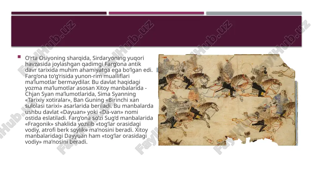 himoliy yo‘ldan karvon yo‘li harakati boshlanadi. bu yo‘ldan ipak va boshqa mahsulotlarning xalqaro tranzit savdosi amalga osha boshlaydi. bu paytga kelib davan aholisi ko‘paya boshlaydi va ko‘plab mustahkamlangan aholi manzilgohlari paydo bo‘ladi. savdo yo‘lida davan muhim ahamiyatga ega bo‘lib boradi. yassa va qoradaryo vohalarida ko‘pgina qal’alar savdo yo‘lini qo‘riqlash maqsadida barpo etilgan. mil. avv. 125 yilda davanga kelgan xitoy elchisi chjan syan bu yerda qishloq va shaharlari obod, sug‘orma dehqonchilik va hunarmandchilik xo‘jaliklari yuksak rivojlangan, kuchli harbiy kuchlarga ega davlatni ko‘radi. chjan syan davanning qishloq xo‘jaligi haqida ma’lumot berib, shunday yozadi: «o‘troq aholi yer haydaydi, g‘alla va sholi ekadi, ularda musallas navli uzum, juda ko‘plab yaxshi otlar bor. davanning barcha joylarida uzum vinosi tayyorlanadi. boy xonadonlar uni katta miqdorda tayyorlaydi, bu ichimlik xumlarda bir necha o‘n yillarda ham buzilmay saqlanadi». shuningdek bu elchi, bu davlat aholisi juda xushmuomala, mehmondo‘st, ko‘ngli ochiq odamlar ekanligi haqida ma’lumot beradi. xitoy manbalari qadimgi farg‘onada …