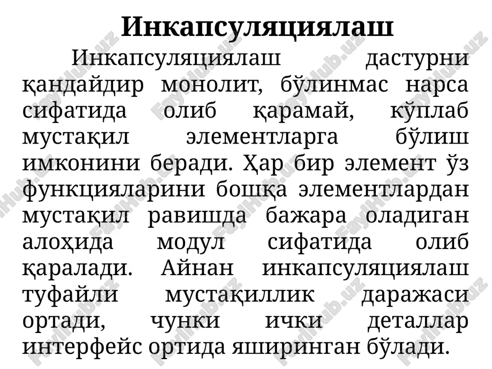 metodlar va hususiyatlarning uchta ko'rinishiga ega bo'lishi mumkin: - o'rniga o'rin qo'yish (almashtirish): yangi sinf ajdodlarining metodi yoki hususiyatini shunchaki o'zlashtirib olmaydi, balki unga yangi ta'rif ham beradi; - yangi: yangi sinf butunlay yangi metodlar yoki hususiyatlarni qo'shadi; - rekursiv: yangi sinf o'z ajdodlari metodlari yoki hususiyatlarini to'g'ridan-to'g'ri olib qo'ya qoladi. vorislik turlari vorislik uch asosiy hollarda qo'llanadi: 1. ko'p martalab foydalanishda; 2. ajralib turish uchun; 3. turlarni almashtirish uchun. qandaydir bir elementni ommaviy interfeysga kiritish yoki, aksincha, undan chiqarish uchun, kalit so'zdan foydalanish kerak. ob'ektga mo'ljallangan dasturlashning har bir tilida kalit so'zlar to'plami belgilangan, biroq bu so'zlar asosan bir hil funktsiyalarni bajaradi. ob'ektga mo'ljallangan tillarning ko'pchiligida kirishning uchta darajasi mavjud. ommaviy, xususiy va himoyalangan kirishlar – ommaviy (public ) – barcha ob'ektlar kirishi uchun ruxsat bor; – himoyalangan (protected) - faqat ushbu ekzemplyarga va har qanday tarmoq sinflarga kirishga ruxsat bor; – xususiy (private) - faqat ushbu ekzemplyarga kirishga …