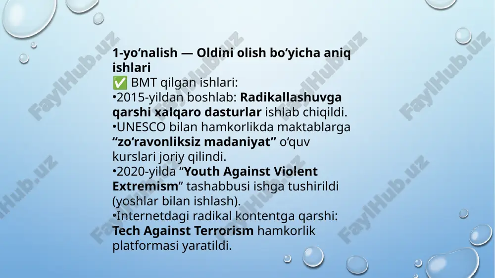 n 2017-yilda “terrorizmga qarshi kurashda inson huquqlarini hurmat qilish” nomli maxsus deklaratsiya qabul qilindi. bu hujjat davlatlarga eslatadi: “terrorizmga qarshi kurash nomidan inson erkinliklarini cheklashga yo‘l qo‘yilmaydi.” asosiy tamoyillar: huquqiy davlat va sud nazorati; aybsizlik prezumpsiyasi (aybi isbotlanmaguncha aybsiz hisoblanadi); erkin so‘z va yig‘ilish huquqlarini saqlash; milliy xavfsizlik choralarini inson huquqlari bilan muvofiqlashtirish. 2. bmt inson huquqlari kengashi faoliyati inson huquqlari kengashi (human rights council) doimiy ravishda: qiynoqlarning oldini olish, noqonuniy hibsga olishlar, sudsiz qamashlarga chek qo‘yish, terrorizmga qarshi kurashda oshkoralik va adolatni ta’minlash bo‘yicha tavsiyalar va rezolyutsiyalar chiqargan. kengash bmtga a’zo davlatlarni xalqaro konventsiyalar, xususan: qiynoqlarga qarshi konvensiya, fuqarolik va siyosiy huquqlar to‘g‘risidagi xalqaro paktga qat’iy rioya qilishga undaydi. image3.png image4.png image5.png image1.png /docprops/thumbnail.jpeg