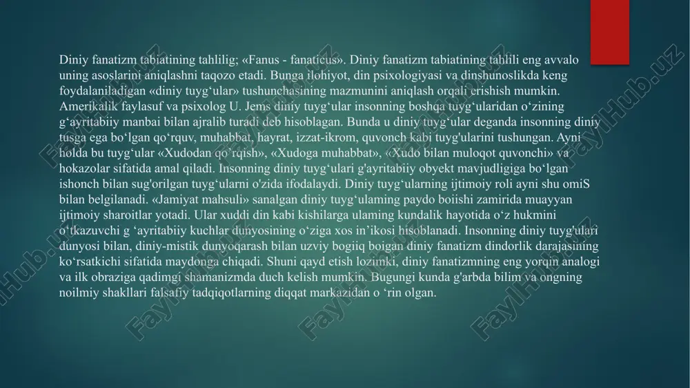 ning navbatdagi asosi - bu madaniyatnmg sotiigan (dunyoviy) qatlamiga zid bo‘lgan sakral (diniy) qatlam. ilmiy tadqiqotlarda madaniyat ikki qatlamining o‘zaro aloqasiga tavsif berish uchun «sakralizatsiya» va «desakralizatsiya» atamalari ishlatiladi; sakralizatsiya - din doirasidan tashqaridagi narsalar, hodisalar va shakilarga diniy tus berish, ularni ilohiylashtirish; dindorlar tomonidan davlat hokimiyati, xususiy mulk prinsipi kabi ijtimoiy hodisalarga, o’/. kelib chiqishiga ko‘ra dunyoviy bo‘lgan axloqiy normalarga ilohiy tus berilishi, ularning muqaddaslashtirilishi sakralizatsiyaga misol bo‘!ishi mumkin. desakralizatsiya, ya’ni diniy deb hisoblangan hodisalarga ulaming dunyoviy xususiyatini qaytarish sakralizatsiyaning ziddi hisoblanadi. qizig'i shundaki, fanaticus atamasi (fanum - «muqaddas joy, ibodatxona» so‘zidan) lotin tilida «riyokor», ya’ni o ‘zini xudojo‘y qilib ko'rsatuvchi odam, «munofiq», «ikkiyuzlamachi» so‘zlari bilan o'xshash m a’noni angiatgan, keyinchalik esa «jazavali», «johilona», «ohaketgan xurofiy», ba’zan - «ruhlangan» degan m a’nolarda ishlatila boshlagan. ushbu sifatdan yasalgan «fanatizm» oti biron-bir g ‘oyaga uni rol'yobga chiqarish y o iid a o‘z jonini fido qilishga tayyor boigan darajada bo‘ysunishni ifodalay boshlagan. …