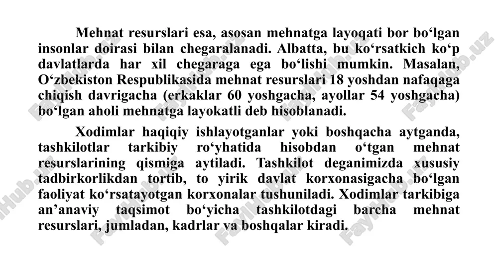 va qo‘shgan hissasiga qarab ish haqi va imtiyozlar o‘rnatish adolatli hisoblanadi. bunda holisona hamda o‘zgaruvchan tizim ishlab chiqish va qo‘llash maqsadga muvofiqdir. 5. ko‘nikma xosil qilish. ishga qabul qilingan xodimlarning tashkilotning samarali faoliyatiga kirishib ketishi, xodimning bajarishi lozim bo‘lgan vazifalarni sitqidildan ado etishi va boshqalar kiradi. jamoada psixologik muhitni yanada yaxshilanishi, ish o‘rnida va ishlab chiqarishning atrof muhitida qulay sharoit yaratilishi xodimlarda ko‘nikma hosil qilish uchun katta ahamiyatga egadir. 6. xodimlarni o‘qitish. malakali mutaxassislarni tayyorlash, yangi dasturlarni ishlab chiqish, hamda ulardan unumli foydalanish, xodimlarni mutaxassislik bilimdonligini oshirish va rivojlantirish maqsadida vaqti-vaqti bilan qayta o‘qitish zarur hisoblanadi. 7. xodimning mutaxassislik bo‘yicha o‘sishini boshqarish. shunday shart-sharoitlar yaratish lozimki, har bir xodim ishlayotgan tashkiloti uchun katta foyda keltirish bilan birga o‘zining qiziqishlari va talablarini qondirishni amalga oshirsin. 8. kadrlar attestatsiyasi. har bir mutaxassisniig ish natijalarini son va sifat ko‘rsatkichlariga ob’ektiv baho qo‘yish usulini ishlab chiqish, uning mutaxassislik darajasini aniqlash. bu ishga vazifaviy xizmat …