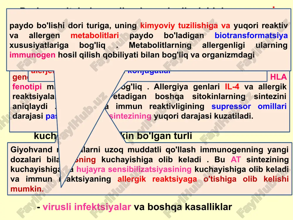 rinchi bosqichiga ta'sir qilishi va shu bilan allergiya paydo bo'lishiga yordam berishi mumkin. gaptenning tananing tegishli oqsillari bilan birikmasi ularni immunogen qiladi bir necha usulda: io bog'langan tashuvchi oqsildan qat'i nazar , haptenda hosil bo'ladi ba'zida hapten hatto mhc molekulasi bilan bevosita bog'lanishi mumkin va bu shaklda tcr sifatida namoyon bo'ladi yashiringanini ochib beradi ag oqsil molekulasining hapten bilan birikmasidan keyin uning konformatsion o'zgarishlari natijasida paydo bo'ladigan determinantlar il turli bakterial ta'sirga javoban apc , keratinotsitlar , ec va boshqa hujayralar tomonidan ishlab chiqariladi. va virusli mahsulotlar, tirnash xususiyati beruvchi kimyoviy moddalar, ultrabinafsha nurlanish va tanaga io rivojlanishi uchun tcr ning mhc-peptid kompleksi bilan o'zaro ta'siridan keyin keladigan signal etarli emas. cd40-cd40l , cd28-cd80/86 il-1 , 6 , tnfa ushbu bog'liq omillar tananing boshqariladigan preparatga sezgirligini keltirib chiqarishi mumkin io , gio yoki cio turi asosan kimyoviy va fizik-kimyoviy xususiyatlar bilan belgilanadi. ksenobiotik , uning kirish joyi , degradatsiya yo'llari …