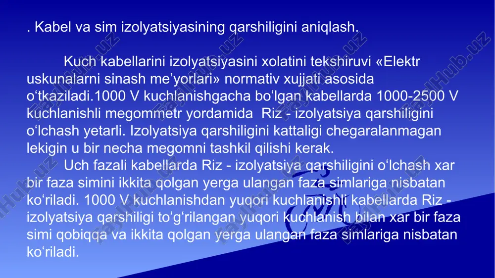 atli toklarni (10-14 a va undan kichik) oʻlchashga toʻgʻri keladi. bu esa maxsus moslamalar va usullarni qoʻllashni takozo etadi. oʻtgan maruzlarimizda aytdiki namuna qarshiligi toʻgʻridan-toʻgʻri yoki bilvosita usullar bilan oʻlchanadi. toʻgʻridan-toʻgʻri oʻlchovlarda lampali yoki yarim oʻtkazgichli megaometrlardan foyalaniladi. ushbu oʻlchov asboblarini koʻrsatkichlaridan qarshilikni qiymatlarini olish mumkin. oʻlchov diapozoniga qarab megaometrni mumkin boʻlgan xatolik chegarasi ±5 dan ±20 % gachani tashkil qiladi. bilvosita oʻlchovlarda namuna qarshiligi undan oʻtuvchi tokni oʻlchash va xisob kitob qilish yoʻli bilan aniqlanadi. tok (kuchlanish) qiymatini oʻlchashda yuqori sezgirlikka ega boʻlgan magnitoelektrik galvonometr, elektrostatik va elektron elektrometrlardan foydalaniladi. ushbu asboblar yuqori sezgirlikga ega boʻlganni uchun tokni 10-17 a qiymatini oʻlchash imkonini beradi (tokni bu qiymatida oʻtkazgichni koʻndalang kesimidan bor yoʻgʻi 62 dona elektron oʻtadi). toʻgʻridan-toʻgʻri ogʻish usuli. galvonometrni tokka sezgirligini si va kuchanishga sezgirligini su bilan farqlanadi. galvonometrni teskari sezgirlik qiymati uni doimiyligi deyiladi va u xam tokka ci va kuchlanishga cu bilan farqlanadi. galvonometrni si tokka …