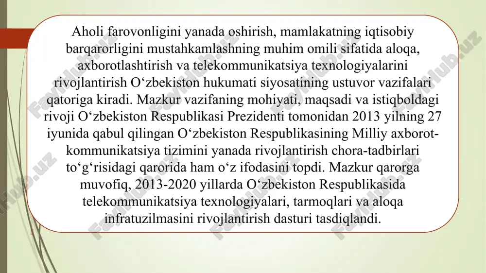 ish. dastlabki texnik iqtisodiy hisob-kitoblarni ishlab chiqish. dastlabki texnik iqtisodiy hisob-kitoblarni ekspertizadan o‘tkazish. texnik topshiriq ishlab chiqish. loyihani amalga oshiruvchini aniqlash bo‘yicha tanlovlar o‘tkazish. loyihani amalga oshirishdan iboratdir e-hukumat arxitekturasi davlat organlarining aholi va tadbirkorlik sub’ektlari bilan o‘zaro axborot almashinuvlari, muloqotlari, shuningdek bir qator davlat xizmatlarini ko‘rsatish 2013 yilda ishga tushirilgan yagona portal orqali amalga oshirilmoqda. dasturga muvofiq, “elektron hukumat” tizimi foydalanuvchilarini identifikatsiya qilish maqsadida ochiq kalitlar bazasida yagoan identifikatsiya tizimini yaratish loyihasini tashkil qilish ko‘zda tutilgan. jismoniy va yuridik shaxslar, transport, kadastr, ko‘chmas mulk, ma’lumot va klassifikatorlar jam qilingan milliy ma’lumotlar bazasi va reyestri, axborot tizimlarini rivojlantirish “elektron hukumat”ni samarali etishning muhim bosqichi hisoblanadi hozirda foydalanuvchilar, asosan tadbirkorlik sub'ektlari yagona portal orqali quyidagi xizmatlardan foydalanishlari mumkin: · tekshirishlar reja-jadvalidan elektron ko'chirma olish; · tashqi savdo operatsiyalari yagona elektron axbort tizimida tashqi savdo shartnomalari bo'yicha ma'lumotlarni ro'yxatdan o'tkazish; · tadbirkorlik sub'ektlari uchun ularni gaz ta'minlash tarmoqlariga ulanishlari uchun texnik shartlarni …