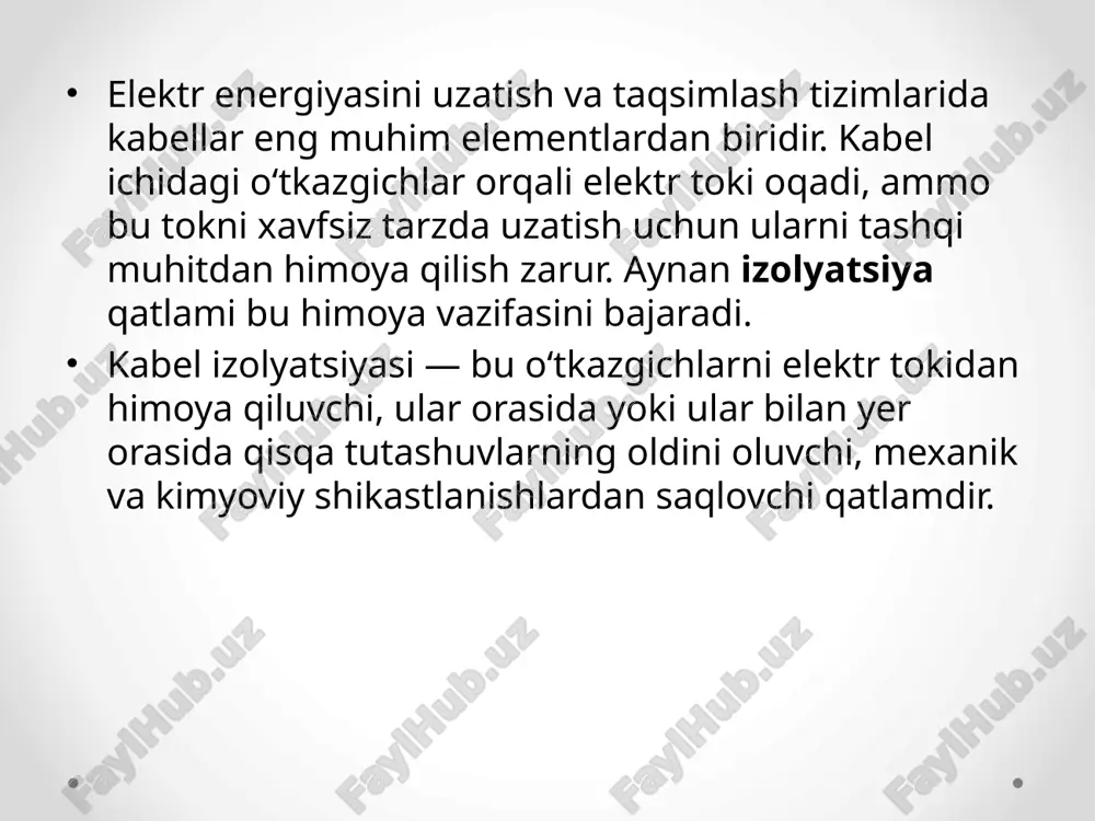 ishlatiladi xlpe kabel (cross-linked polyethylene) yuqori haroratga chidamli (110–130°c gacha) elektr kuchlanishga bardoshli, dielektrik xossalari yuqori asosan sanoat va yuqori kuchlanishli tarmoqlarda ishlatiladi mexanik va kimyoviy barqarorlik yuqori xulosa: kabel izolyatsiyasi elektr tarmoqlari xavfsizligi va ishonchliligining eng muhim qismlaridan biridir. har bir muhit va ish sharoiti uchun to‘g‘ri izolyatsiya materialini tanlash — faqat texnik talab emas, balki iqtisodiy jihatdan ham to‘g‘ri qaror hisoblanadi. fto‘g‘ri tanlangan izolyatsiya: elektr xavfsizligini ta'minlaydi; uzoq xizmat muddatini kafolatlaydi; yong‘in va avariya xavflarini kamaytiradi; atrof-muhitga moslashgan holda ishlay oladi; va eng asosiysi — foydalanuvchi uchun qulaylik va ishonch beradi. foydalanilgan adabiyotlar: toirov a.t. – elektr texnikasi asoslari, toshkent, 2018 qurbonov o.a. – kuchlanish ostida ishlaydigan elektr uskunalar, toshkent, 2020 m.x. axmedov, r.t. qodirov – elektr tarmoqlari va ularni loyihalash, toshkent, 2017 p.p. bezrukov – kabelnye linii: konstruksiya, montaj, ekspluatatsiya, moskva, 2015 iec 60502-1 – power cables with extruded insulation and their accessories for rated voltages from …