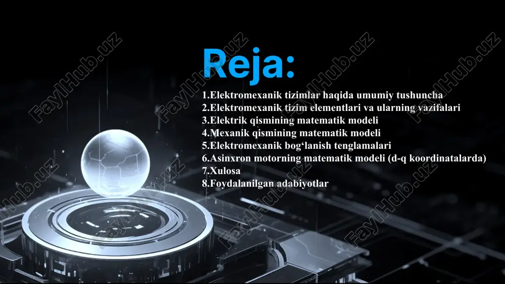 idir. reduktorlarning modeli reduktorlarning modeli, ularning aylanma harakatni o'zgartirish xususiyatini ifodalash uchun ishlatiladi. reduktorlar, aylanma tezlikni oshirishi yoki kamaytirishi mumkin. prujinaning matematik modeli quyidagi tenglama bilan ifodalanadi: f = kx bu erda: f - kuch, k - elastiklik koeffitsienti, x - deformatsiya. 4. mexanik qismining matematik modeli nyutonning ikkinchi qonuniga asosan: j·(dω/dt) = tₑ - tᵧ bu yerda: j — inersiya momenti, kg·m² ω — burchak tezlik, rad/s tₑ — elektromagnit moment, n·m tᵧ — yuklama momenti, n·m ishqalanish bo‘lsa: j·(dω/dt) = tₑ - tᵧ - b·ω bu yerda b — viskoz ishqalanish koeffitsiyenti. 5. elektromexanik bog‘lanish tenglamalari 1 elektrik va mexanik komponentlar o'rtasidagi bog'lanish tenglamalari elektrik va mexanik komponentlar o'rtasidagi bog'lanish, kuch va momentning bog'lanishi orqali ifodalanadi. elektrik tok, mexanik momentni hosil qiladi. mexanik harakat esa, elektrik kuchlanishni hosil qiladi. 2 kuch va momentning bog'lanishi kuch va momentning bog'lanishi, motorning mexanik yuk bilan bog'lanishida muhim rol o'ynaydi. motorning momenti, …