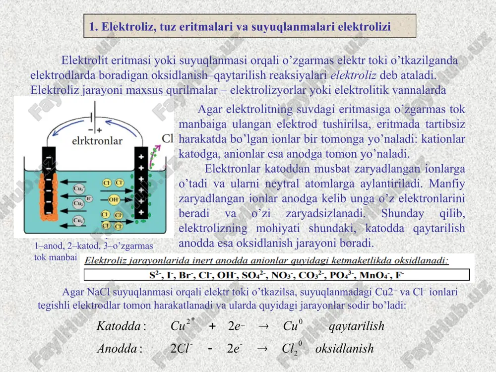 ri: xlor, brom, yod, ftor, oltingugurt va boshqalar zaryadsizlanadi. elektroliz jarayonida anodda oksidlanishi mumkin bo’lgan ionlar kislorodli kislota qoldiqlari (no3–, no2–, so32–, so42–, po43–, co32–) va h2o molekulalaridir. bu ionlardan kislorodli kislota qoldiqlari anodda zaryadsizlanmaydi, balki, ularning o’rniga suv molekulalari oksidlanadi. masalan * 7 elektrolizi reaksiyalarini 6 guruhga bo‘lishimiz mumkin 1. aktiv metall va kislorodli kislota qoldig‘idan tashkil topgan tuzlar eritmasi elektroliz qilinganda, katodda vodorod, anodda kislorod ajralib chiqadi. ya’ni faqat suv elektrolizga uchraydi. natijada tuzning konsentratsiyasi ortadi (suvning miqdoiri kamayganligi hisobiga): 2. aktiv metall va kislorodsiz kislota qoldig‘idan tashkil topgan tuzlar eritmasi elektroliz qilinganda, katodda vodorod, anodda metallmas ajralib chiqadi va eritmada ishqor hosil bo‘ladi: 3. o‘rtacha aktiv metall va kislorodli kislota qoldig‘idan tashkil topgan tuzlar eritmasi elektroliz qilinganda, katodda metall va vodorod, anodda esa kislorod ajralib chiqadi hamda kislota hosil bo‘ladi: 4. o‘rtacha aktiv metall va kislorodsiz kislota qoldig‘idan tashkil topgan tuzlar eritmasi elektroliz qilinganda, katodda metall va …