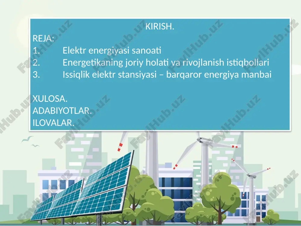 a mexanik energiyaga va shundan so’ng generatorda elektr energiyaga aylanadi. odatda organik yoqilg’i va yadro yoqilg’isida ishlaydigan asosan kuchli ies lar, issiqlik bilan ta’minlaydigan atom stansiyalari va katta-katta qozonlar qurish hisobiga issiqlik bilan ta’minlashni yanada markazlashtiradi. issiqlik elektr stansiyasi issiqlik dvigatellari, bug’ turbinalari, ichki yonuv qurilmalaridan iborat bo’ladi. sharoitga qarab issiqlik elektr stansiyasida gaz, ko’mir, mazut, torf yoqiladi. issiqlik elektr stansiyasi ikkiga bo’linadi: kondensatsion elektr stansiyasiga (faqat elektr energiyasi hosil qiladi) va issiqlik elektr markazi (ies) ga (unda elektr energiya hosil qilinadi, issiq bug’ va issiq suv ishlab chiqariladi). issiqlik elektr stansiyasi yagona elektr sistemalariga birlashtirilishi yoki alohida ishlatilishi mumkin. mustaqil respublikamizda toshkent, farg’ona, quvasoy, angren, taxiatosh va boshqa shahar hamda viloyatlarida bir necha issiqlik elektr stansiyalari ishlab turibdi, yangi stansiyalar qurilmoqda. toshkent gresning quvvati 1920 ming kvt, sirdaryo gres ning quvvati 4 mln. 400 ming kvt. hozigi vaqtda qozon agregatlarida yoqilg’ining yonish jarayonlarini qozonning suv bilan taminlanishini boshqarish, tok …