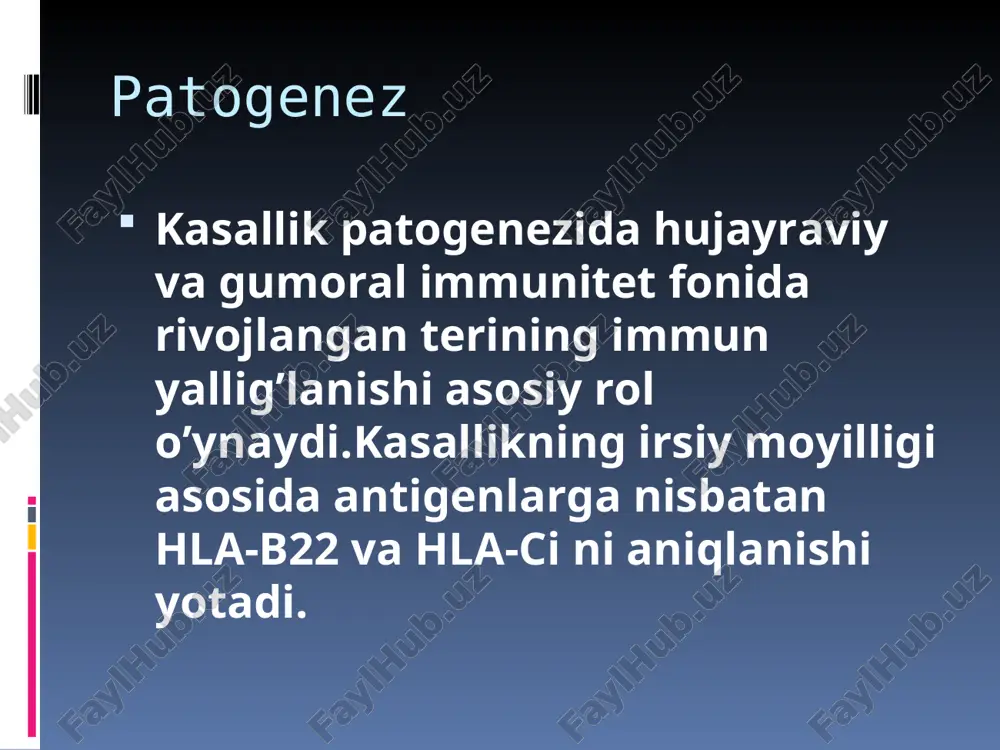 ali ekzema 1.paratravmatik 2. mikotik 3.varikoz 4.numulyar mikrobli ekzema turlari: mikrobli ekzema varikoz ekzema: varikoz simptomokompleksning belgisi sifatida namoyon bo’ladi.ko’p hollarda tizzalarda joylashib paratravmatik ekzemaga o’xshaydi.asosiy klinik belgilardan biri varikoz venalar atrofidagi terining sklerozlanishi kuzatiladi. varikoz ekzema piodermiya bilan asoratlangan ekzema mikrobli ekzema zararlangan sohalar keskin chegaralangan assimetrik bo’lib,ko’p hollarda surunkali piokokkli sohalarda yuzaga keladi.zaralangan soha yuzasi zich, ko’kimtir sarg’ish, gemoragik tangacha va po’stchalar bilan qoplangan bo’lib,ular ostida yiring bo’ladi. mikrobli ekzema uchun zararlangan sohalarning pereferiyaga qarab o’sishi xos.zararlangan soha atrofi mayda follikulyar pustulalar,fliktenalar kuzatiladi.asosiy uchrash sohalari boldir,sut bezlari sohasi ba’zan qo’llar sohasidir. mikrobli ekzema mikrobli ekzema kandidozli infeksiyaning surunkali ko’rinishi.ekzemaning bu turi organizmning qarshiligi pasaygan holatlarda,uglevodlar almashinuvu\i buzilganda,avitaminozda, uzoq vaqt ta’sir etadigan fizik va kimyoviy ta’sirlar tufayli kelib chiqadi.tabiiy burmalar sohasida,og’iz atrofi va baldoqlar sohasida uchraydi. kandidozli ekzema bolalar ekzemasi: bolalar ekzemasi : klinik kechishi bo’yicha disgidrotik va mikrobli ekzemaga o’xshaydi.uzoq vaqt oyoq mikozi bilan og’rigan bemorlarda kuzatiladi.. mikotik …