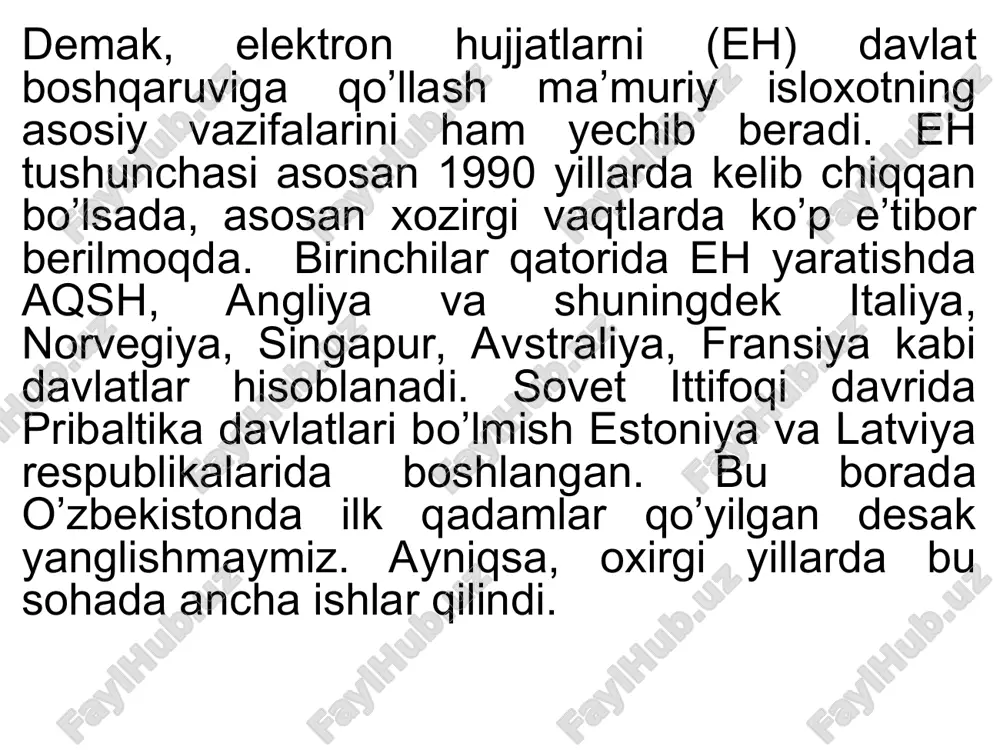 kiritilgan ma’lumotlardan tashqari, tegishli axborot resurslarini joylashtirish va tashkil etish yo`li bilan fuqaro va tashkilotlarni davlat ijro hokimiyati organlarining faoliyati to`g`risidagi rasmiy axborotga kirishini ta’minlash; - o`zbekiston respublikasining halqaro nufuzini oshirish va milliy iqtisodiyotimizga investitsiyalarni jalb etish uchun shart-sharoitlarni yaratish. 1 - rasm. o’z.r hukumat portalining hozirgi ko’rinishi. (www.gov.uz) 2.o’zbekiston respublikasida elektron hukumat modelining rivojlanish bosqichlari. o’zbekiston respublikasida elektron hukumat modelini rivojlanish kontseptsiyasiga asosan modelning asosiy maqsadi davlat organlari boshqaruv faoliyatining samaradorligini oshirish bo’lib bu sohada akt keng joriy qilish bilan erishiladi. maqsadni amalga oshirish uchun quyidagi masalalarni yechish lozim: 1. korporativ davlat kompyuter turini – internet mujassamlantirish, qaysiki o’z ichiga elektron xujjat ayirboshlash jarayonini va barcha davlat boshqaruv jabxalarini o’z ichiga olsin (g2g); 2. davlat xizmat sohalarini kengaytirish va turlarini yo’naltirish, qaysiki o’z ichiga internet tarmog’ini olgan holda (g2c, g2b) va davlat xizmatlaridan teng xuquqda foydalanish; 3. davlat organlari bilan fuqarolar va sub’ektlar orasida muloqot elektron tizimni yaratish va …