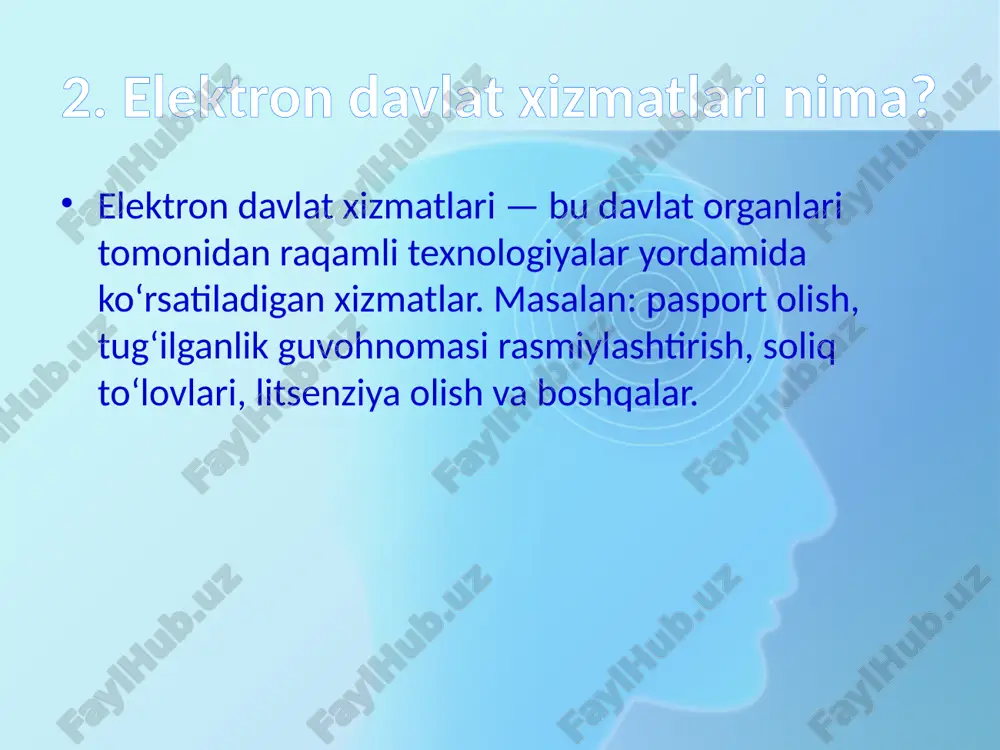 mkoniyati mavjud. 2023-yil davomida 5,3 mln murojaat kelib tushgan. 18. yangi imkoniyatlar sun’iy intellekt yordamida ariza tahlili, shaxsiy profil asosida tavsiyalar, ovozli boshqaruv va barmoq izi orqali kirish funksiyalari joriy etilmoqda. 19. kelajak istiqbollari mobil ilovalar orqali barcha xizmatlarni birlashtirish, to‘liq raqamli hujjatlar aylanishiga o‘tish, blockchain asosida xizmatlar joriy etilishi rejalashtirilgan. 20. xulosa elektron davlat xizmatlari — bu fuqarolar uchun qulay, shaffof va samarali davlat boshqaruviga o‘tish yo‘lidir. kelgusida ularning roli yanada ortib boradi va aholining davlatga bo‘lgan ishonchini oshiradi. image1.png /docprops/thumbnail.jpeg