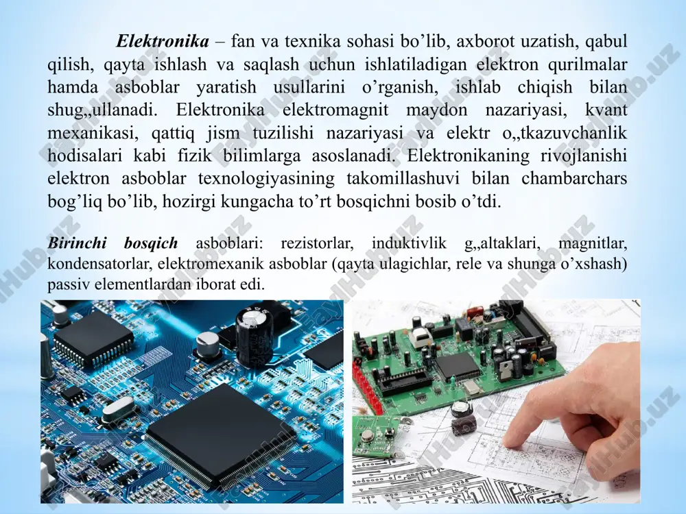 yurlash yo„lidagi mantiqiy davomi hisoblanadi. u qattiq jism fizikasi, kvant elektronikasi, fizikaviy-kimyo va yarimo„tkazgichlar elektronikasining so’nggi yutuqlari negizidagi qattiq jismli texnolo-giyaning bir qismini tashkil etadi. so’nggi yillarda nanoelektronikada muhim amaliy natijalarga erishildi, ya’ni zamonaviy telekommunikatsiya va axborot tizimlarning negiz elementlarini tashkil etuvchi: geterotuzilmalar asosida yuqori samaradorlikka ega lazerlar va nurlanuvchi diodlar yaratildi; fotoqabul-qilgichlar, o’ta yuqori chastotali tranzistorlar, bir elektronli tranzistorlar, turli xil sensorlar hamda boshqalar yaratildi. nanoelektron o’yuis va gyuis mikroprosessorlarni ishlab chiqarish yo’lga qo’yildi. shvetsiya qirolligi fanlar akademiyasi ilmiy ishlarida tezkor tranzis-torlar, lazerlar, integral mikrosxemalar (chiplar) va boshqalarni ishlab chiqish bilan zamonaviy axborot kommunikatsiya texnologiyalariga asos solgan olimlar: j.i. alferov, g. kremer, dj.s. kilbini nobel mukofoti bilan taqdirlandi. integral mikroelektronika va nanoelektronika bilan bir vaqtda funksional elektronika rivojlanmoqda. elektronikaning bu yo’nalishi an’anaviy elementlar (tranzistorlar, diodlar, rezistorlar va kondensa-torlar)dan voz kechish va qattiq jismdagi turli fizik hodisa (optik, mag-nit, akustik va h.k.)lardan foydalanish bilan bog’liq. funkisonal elektronika asboblariga akustoelektron, magnitoelektron, …