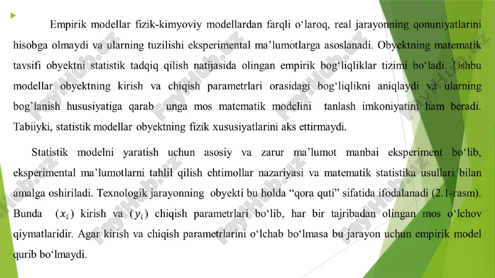 koeffitsienti ikki o‘zgaruvchi ( va ) orasidagi bog‘liqlikning qiymatini (zichligini) quyidagi formula bilan aniqlanadi aniqlaydi yoki bu erda va - , o‘zgaruvchilarning o‘rta arifmetik qiymatlari; - tajribalar soni; , – mos ravishda miqdorlarning o‘rtacha kvadratik chetlanishi: korrelyatsiya koeffitsienti chiziqli munosabatlarning bog‘liqlik darajasini tavsiflaydi. agar va tasodifiy o‘zgaruvchilar aniq chiziqli funksional bog‘liqlik bilan berilgan bo‘lsa, u holda . agar va miqdorlari stoxastik bog‘langan bo‘lsa, korrelyatsiya koeffitsienti -1 va 1 orasidagi qiymatni qabul qilishi mumkin agar bo‘lsa, berilgan parametrlar orasida korrelyatsiya mavjud emas. agar bo‘lsa, va o‘rtasida musbat korrelyatsiya mavjud ( ortib borganda, ortadi), agar bo‘lsa, korrelyatsiya manfiy bo‘ladi ( ortganda, kamayadi). ikki o‘zgaruvchi o‘rtasidagi korrelyatsiyaning mavjudligi yoki yo‘qligi korrelyatsiya maydoni shakli bo‘yicha baholanishi mumkin (2.2-rasm). 2.2-rasm. o‘zgaruvchining korrelyatsion maydonlari: a) va orasidagi kuchli musbat bog‘langan korrelyatsiya; b) sust korrelyatsiya; d) korrelyatsiya mavjud emas berilgan ikki turdagi miqdorlarning bog‘liqlik darajasini korrelyatsiya koeffitsienti bilan baholash korrelyatsion tahlil deyiladi. quyidagi masalani qaraylik. 2.1-masala. bizda …