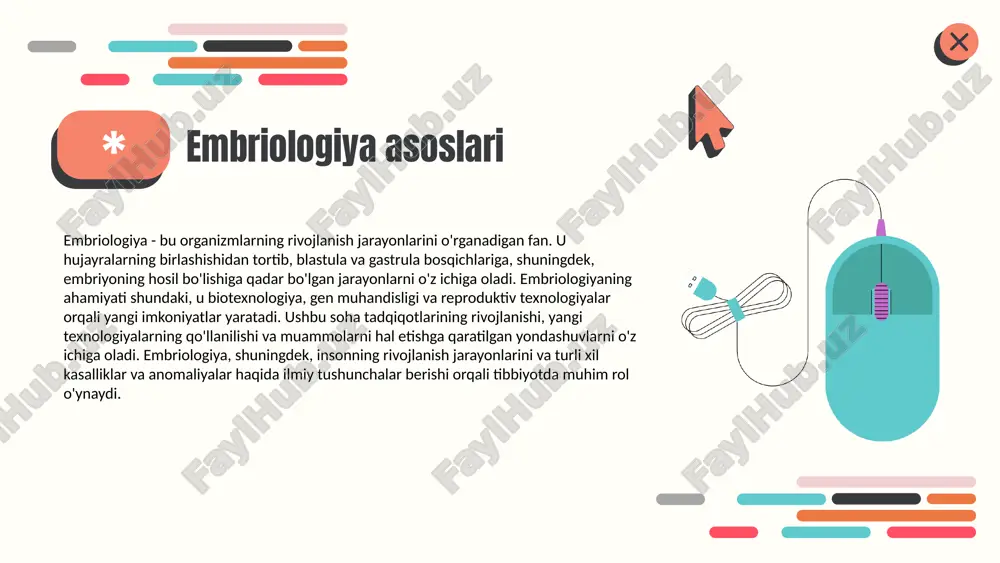 r embriologiyada genetik faktorlar rivojlanish jarayonida muhim rol o'ynaydi. genlar, organizmning xususiyatlarini belgilovchi biologik birliklar sifatida, embrional rivojlanishni boshqarishda asosiy omil hisoblanadi. ular hujayralarning qanday bo'linishi, o'sishi va funktsiyalarini belgilaydi. genlar va muhit o'rtasidagi o'zaro aloqa rivojlanish jarayonini yanada murakkablashtiradi. masalan, ekotizim sharoitlari va genetik muvofiqlik, embrionning o'sishiga ta'sir ko'rsatishi mumkin. shu tariqa, genetik faktorlar nafaqat o'zaro bog'liqlikni, balki rivojlanish jarayonida muvozanatni saqlashni ham ta'minlaydi. **genetik faktorlarning ta'siri:** - genlar hujayralarning funksiyalarini belgilaydi. - rivojlanish jarayonida genlarning muhimligi. **muhit bilan o'zaro aloqa:** - ekotizim sharoitlari. - genetik muvofiqlik va rivojlanish. photo by altumcode on unsplash muammolar va kelajak istiqbollari embriologiya sohasida bir qancha muammolar mavjud: - genetik kasalliklar va ularning tarqalishi. - reproduktiv salomatlik va uning muammolari. - embrional rivojlanish jarayonidagi anomaliyalarning o'rganilishi. yangi tadqiqotlar va innovatsiyalar bu muammolarni hal qilishda yordam berishi mumkin: - gen terapiyasi va klonlash texnologiyalari. - embriologiya sohasida yangi imkoniyatlar yaratish. - kelajakda, ilmiy tadqiqotlar …