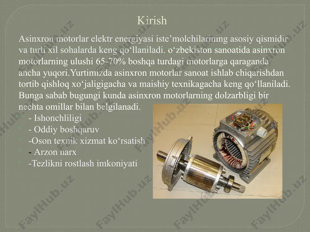 al har bir asinxron motorning tarmoqqa ulangan joyida reaktiv quvvatni kompensatsiya qilish va energetik va texnik-iqtisodiy ko‘rsatkichlari yuqori bo‘lgan yangi rusumdagi motorlarni qo‘llash. birinchi usul bilan reaktiv quvvatni kompensatsiya qilish, tarmoq elementlarini reaktiv quvvatdan halos etish nuqtai nazaridan qaraganda ancha samarali usul bo‘lib, ammo 1000 v gacha kuchlanishli tarmoqlarda qo‘llaniladigan kompensasion qurilmalarning narxi yuqori bo‘lgani sababli ko‘pincha iqtisodiy jihatdan bu usul o‘zini oqlamaydi. ikkinchi usul, zamonaviy asinxron motorlarni yaratish va joriy qilish bilan bog„liq bo‘lgani uchun ham eng istiqbolli usuldir. faza rotorli asinxron motorlarning reaktiv quvvati iste’molini kamaytirishning, ya’ni ularning quvvat koeffisientini oshirishning usullaridan biri ularni sinxronlashtirishdir. yarim o‘tkazgichli qurilmalari mavjud bo‘lgan asinxron elektr yuritmalarda asinxron motorlarni sinxronlashtirish maqsadga muvofiqdir. masalan, asinxron ventilli kaskad sxemalarida motorni sinxronlashtirish imkoniyati rotor zanjiridagi o‘zgarmas tok manbai mavjudligi sababli o‘z-o‘zidan kelib chiqadi. quyida ketma-ket qo„zg„aluvchan sinxronlashtirilgan asinxron motorning qo‘llanilishi bo‘yicha texnik-iqtisodiy imkoniyatlarini ko‘rib chiqamiz. sinxronlashtirilgan asinxron motorning prinsipial elektr sxemasi 3.1 – rasmda keltirilgan …